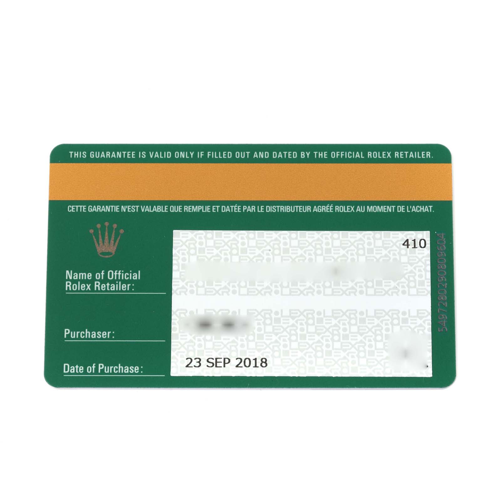 This is a warranty card for a Rolex Explorer 214270 Men's Stainless Steel Black Dial 214270 Men's Stainless Steel Black Dial watch, showing fields for retailer, purchaser, and date of purchase.