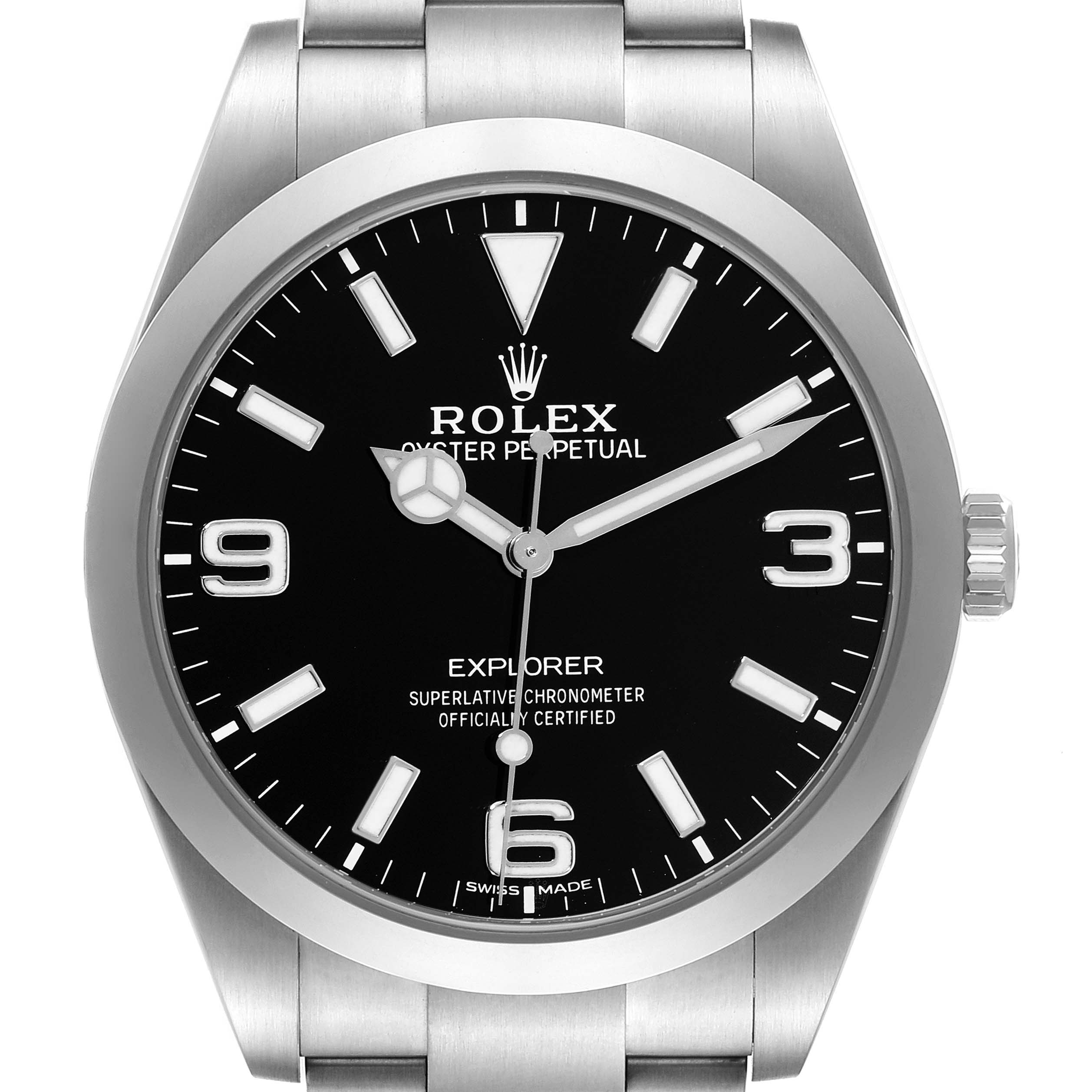 This image shows a front view of the Rolex Explorer 214270 Men's Stainless Steel Black Dial 214270 Men's Stainless Steel Black Dial watch, displaying the dial, hands, and parts of the stainless steel band.