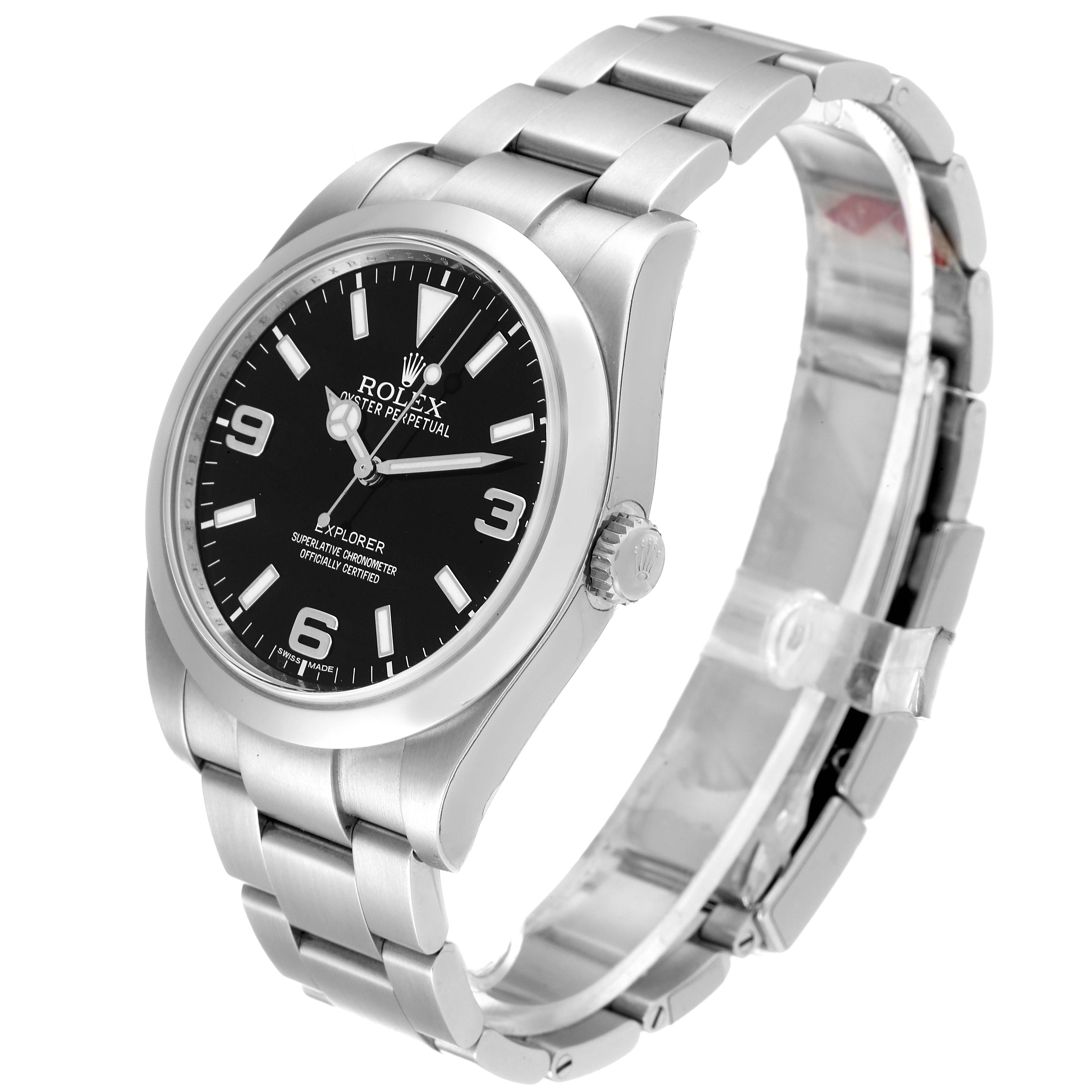 The Rolex Explorer 214270 Men's Stainless Steel Black Dial 214270 Men's Stainless Steel Black Dial watch is shown at a three-quarter angle, highlighting the face, bezel, crown, and bracelet.