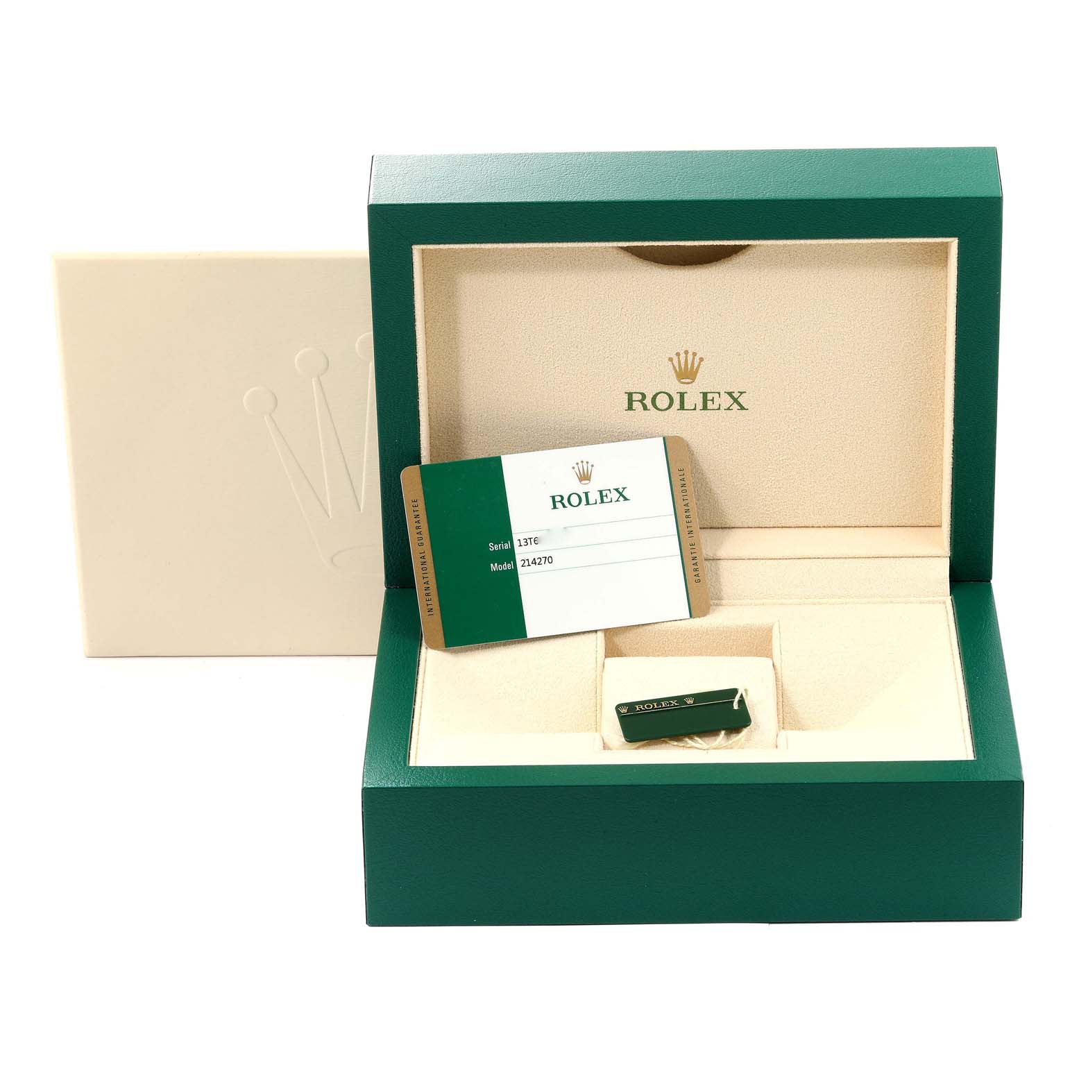 This image shows the box, tag, and authenticity card for a Rolex Explorer 214270 Men's Stainless Steel Black Dial 214270 Men's Stainless Steel Black Dial model.