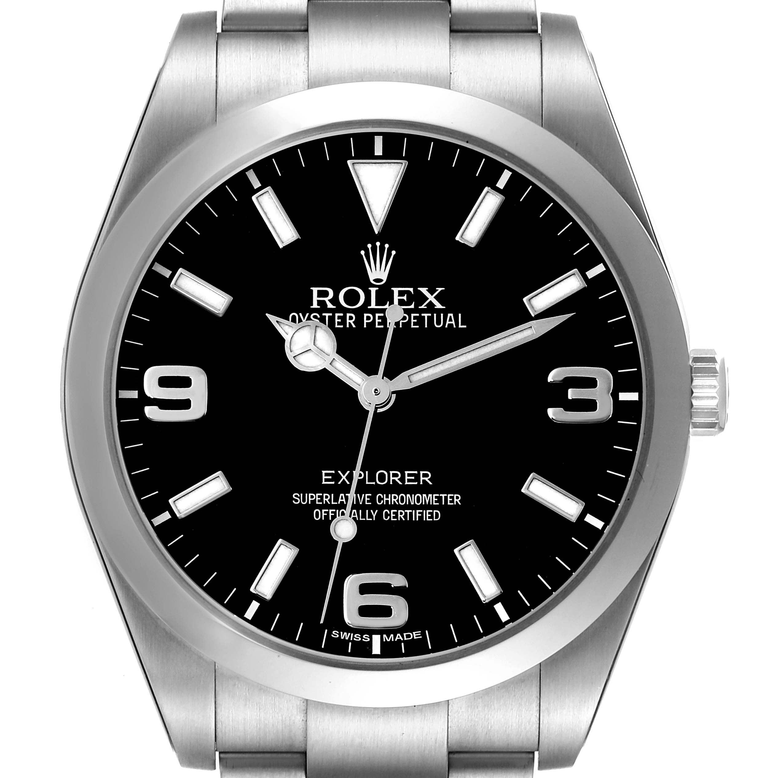 This is a close-up frontal view of the Rolex Explorer 214270 Men's Stainless Steel Black Dial 214270 Men's Stainless Steel Black Dial watch displaying the face, bezel, crown, and part of the bracelet.