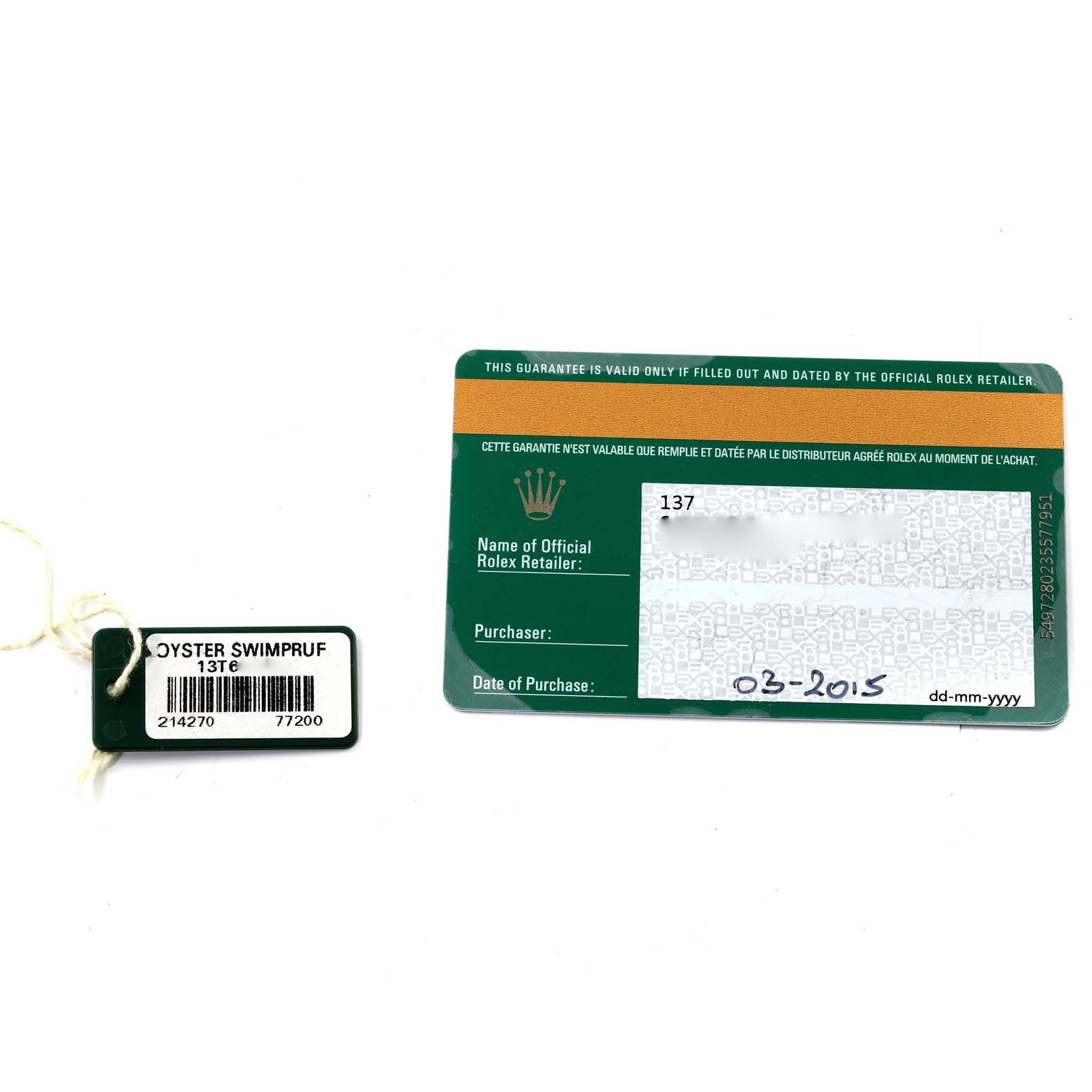 The image shows a warranty card and an Oyster Swimpruf tag for a Rolex Explorer 214270 Men's Stainless Steel Black Dial 214270 Men's Stainless Steel Black Dial watch.