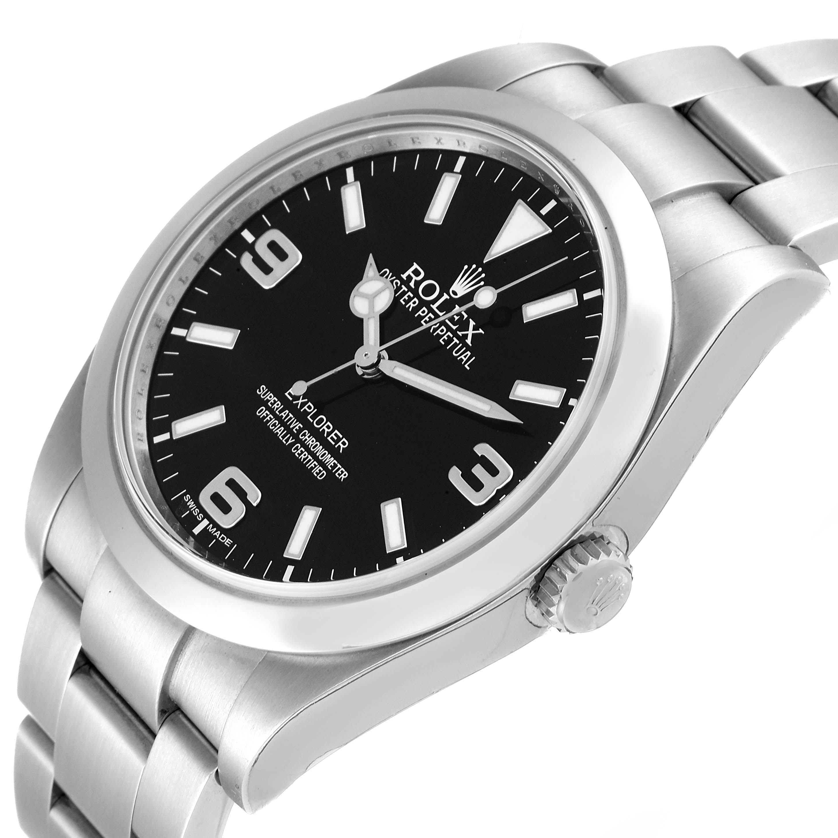 The image shows a side angle of the Rolex Explorer 214270 Men's Stainless Steel Black Dial 214270 Men's Stainless Steel Black Dial watch, highlighting the dial, bezel, crown, and part of the bracelet.