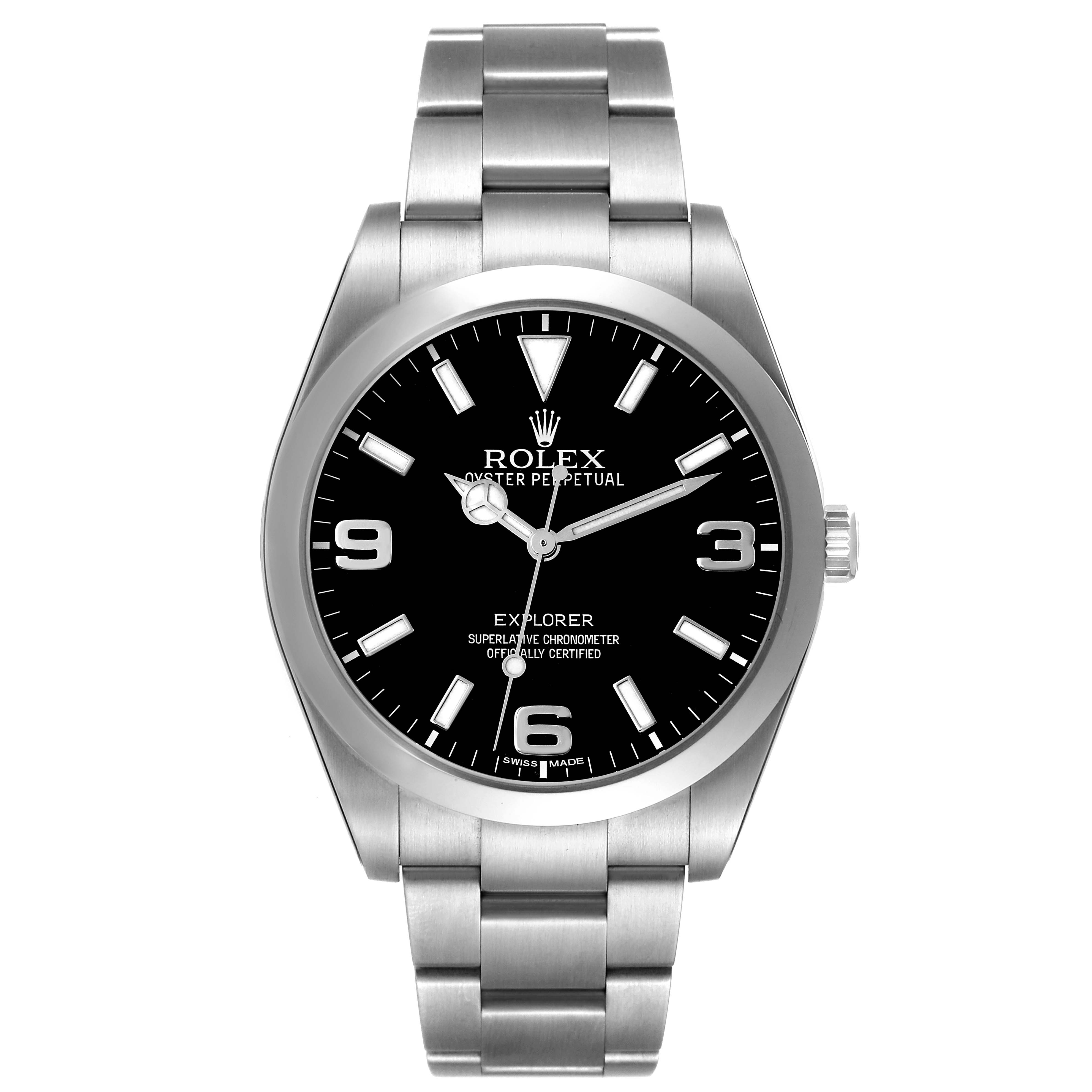 This Rolex Explorer 214270 Men's Stainless Steel Black Dial 214270 Men's Stainless Steel Black Dial model watch is shown from the front, displaying the dial, case, and band.