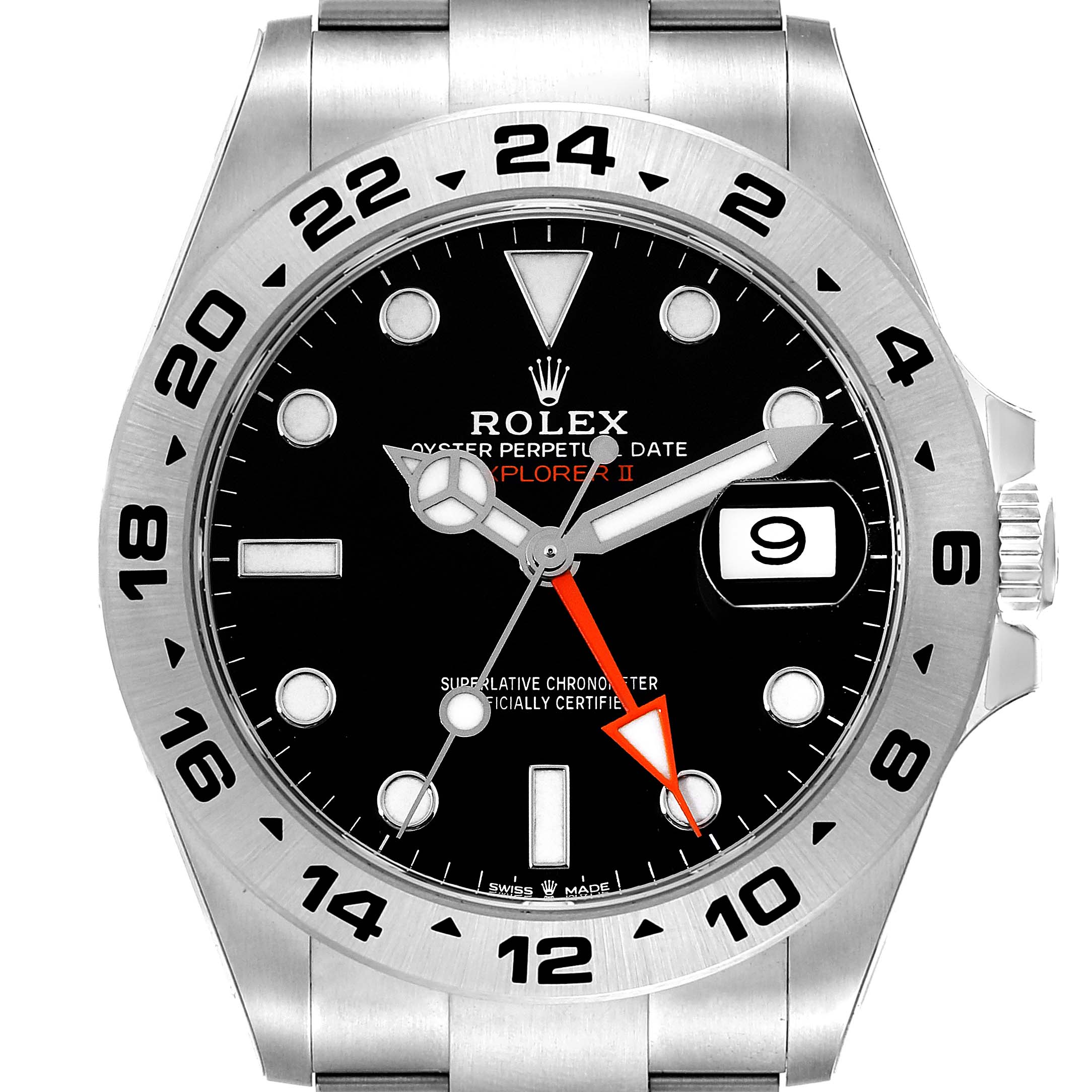 Frontal view of the Rolex Explorer 226570 Men
s Stainless Steel Black Dial 226570 Men
s Stainless Steel Black Dial watch showcasing the dial, hands, bezel, and date window.