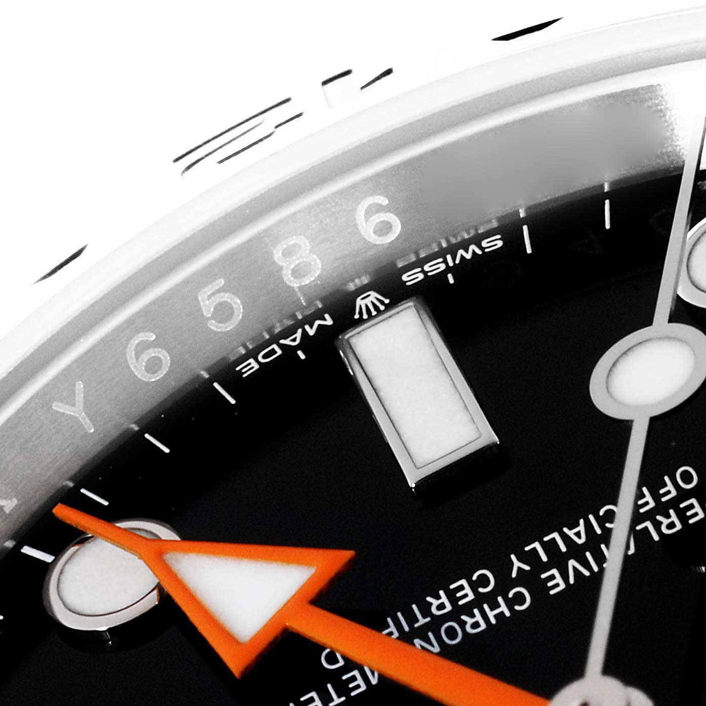 The image shows a close-up angle of a Rolex Explorer 226570 Men
s Stainless Steel Black Dial 226570 Men
s Stainless Steel Black Dial watch face, focusing on the dial, number markings, and hand markers.