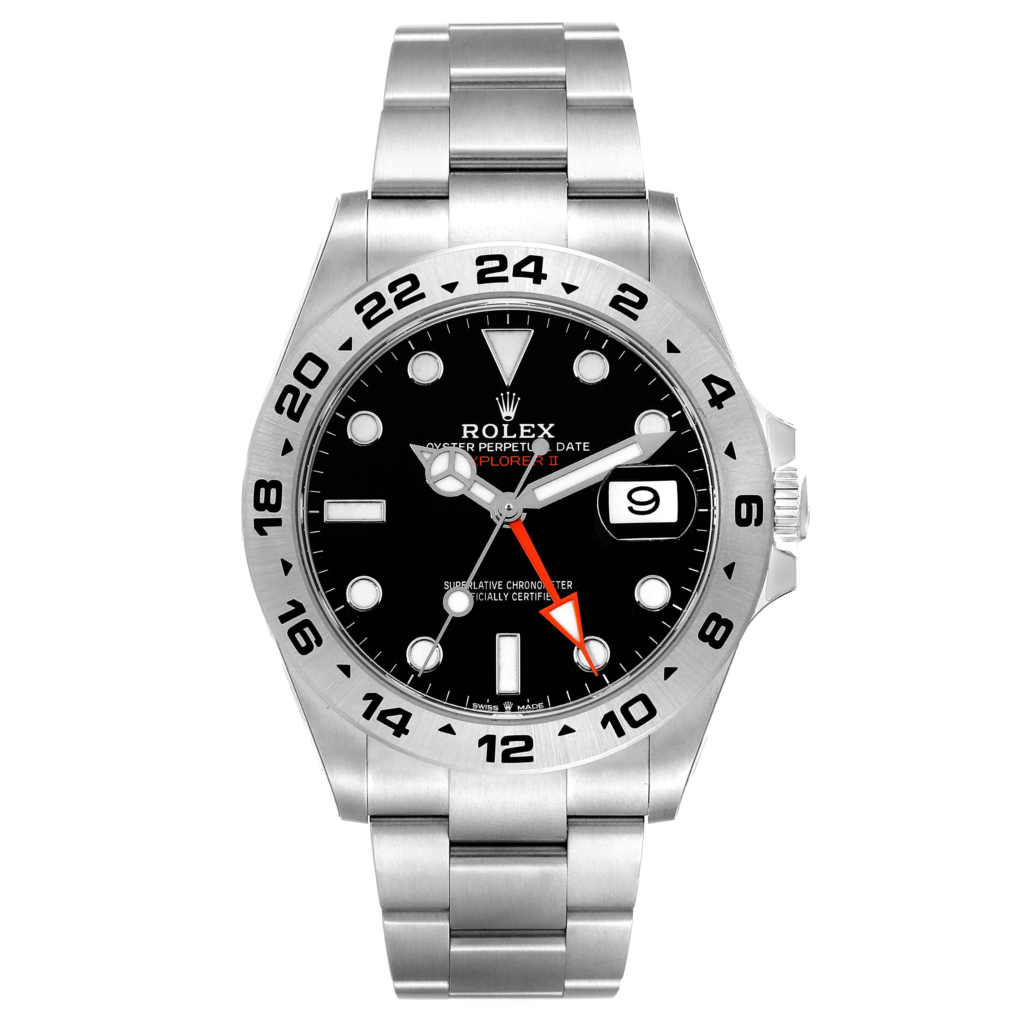 This is a front view of a Rolex Explorer 226570 Men
s Stainless Steel Black Dial 226570 Men
s Stainless Steel Black Dial watch, showing the face, bezel, crown, and stainless steel bracelet.