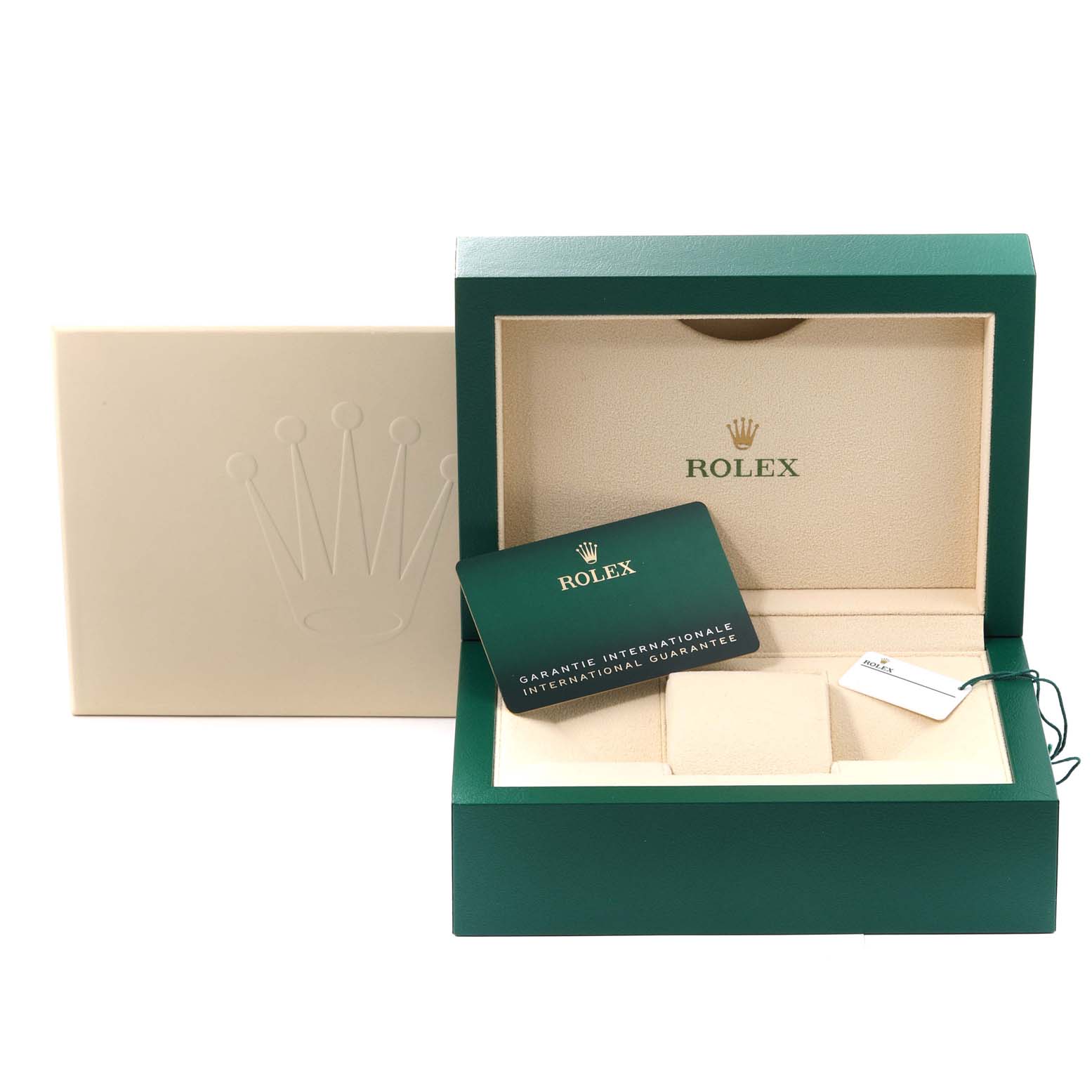 The image shows an open Rolex watch box for the Explorer model, including the guarantee card and tag.