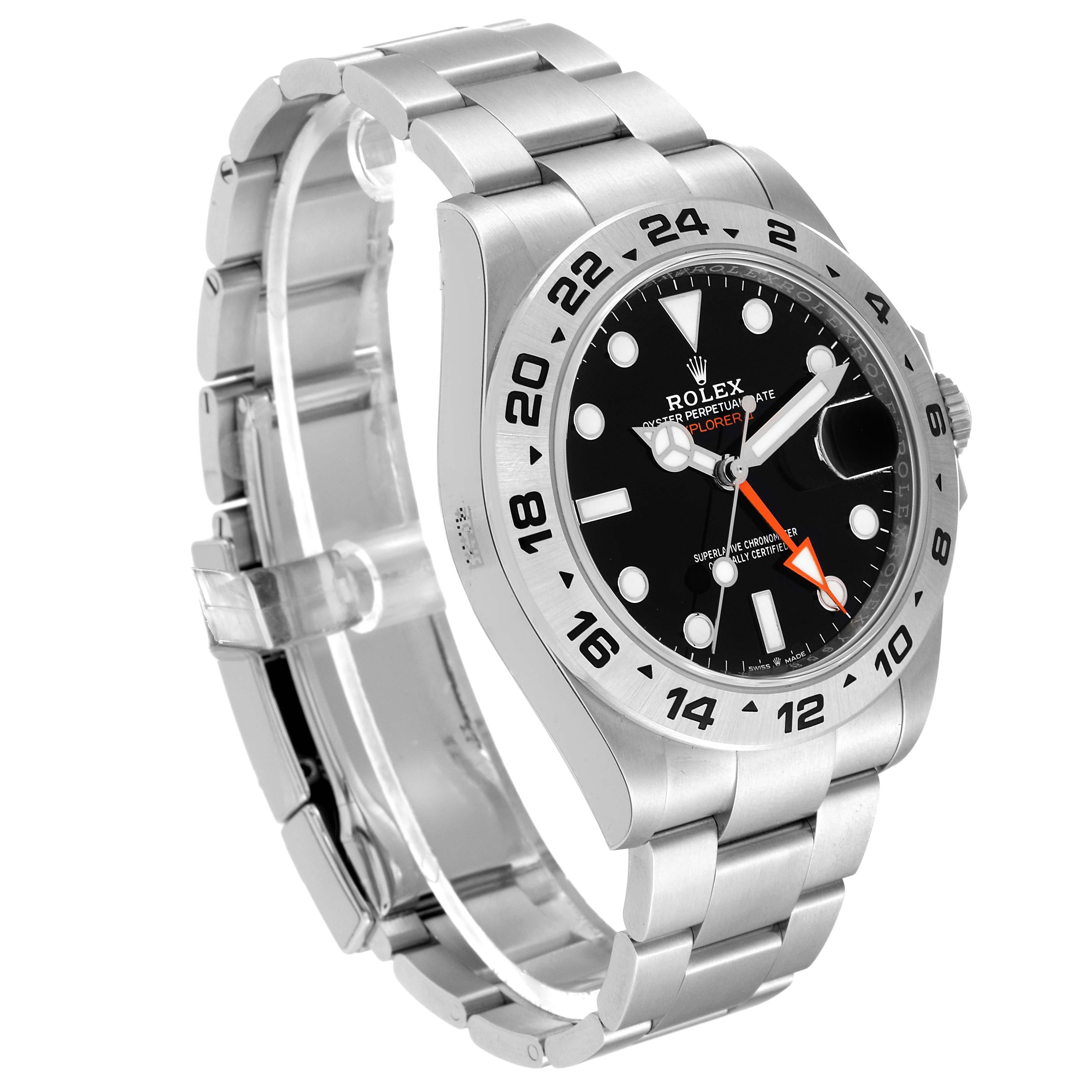 The image shows a side angle of the silver Rolex Explorer 226570 Men
s Stainless Steel Black Dial 226570 Men
s Stainless Steel Black Dial watch, highlighting its bracelet, bezel, and dial.