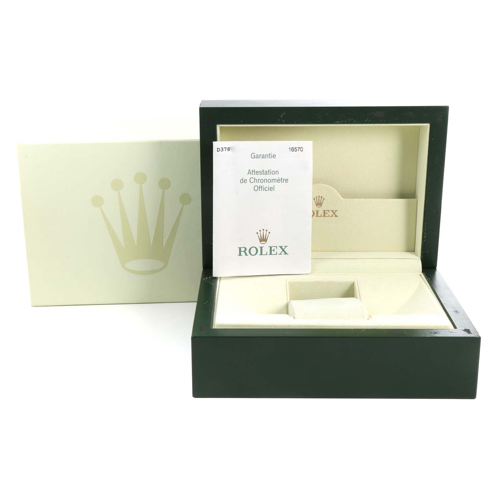 This image shows the open box and official documentation for the Rolex Explorer 16570 Men's Stainless Steel Black Dial 16570 Men's Stainless Steel Black Dial watch.