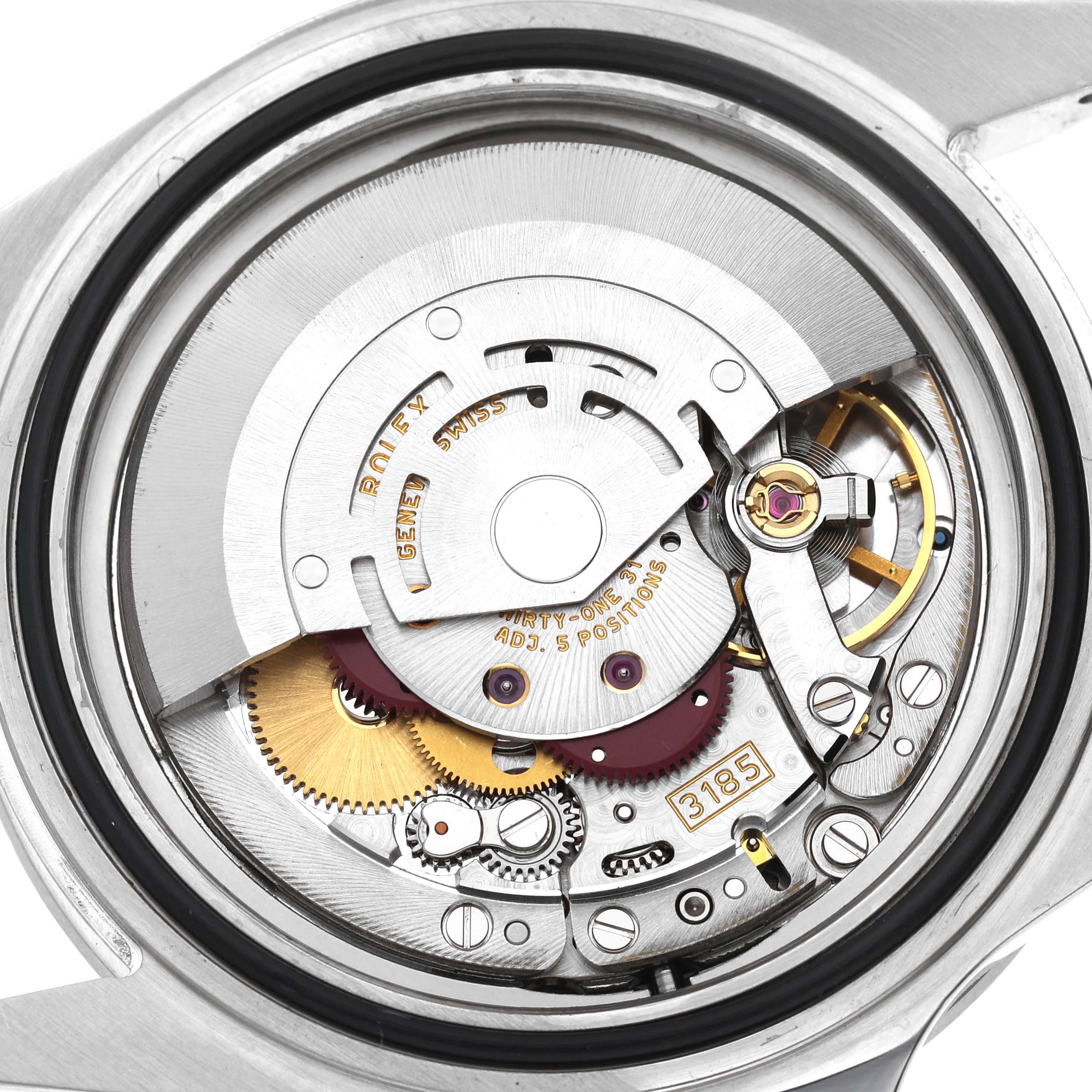 The image shows the movement mechanism of a Rolex Explorer 16570 Men's Stainless Steel Black Dial 16570 Men's Stainless Steel Black Dial watch, viewed from the back with the case removed.
