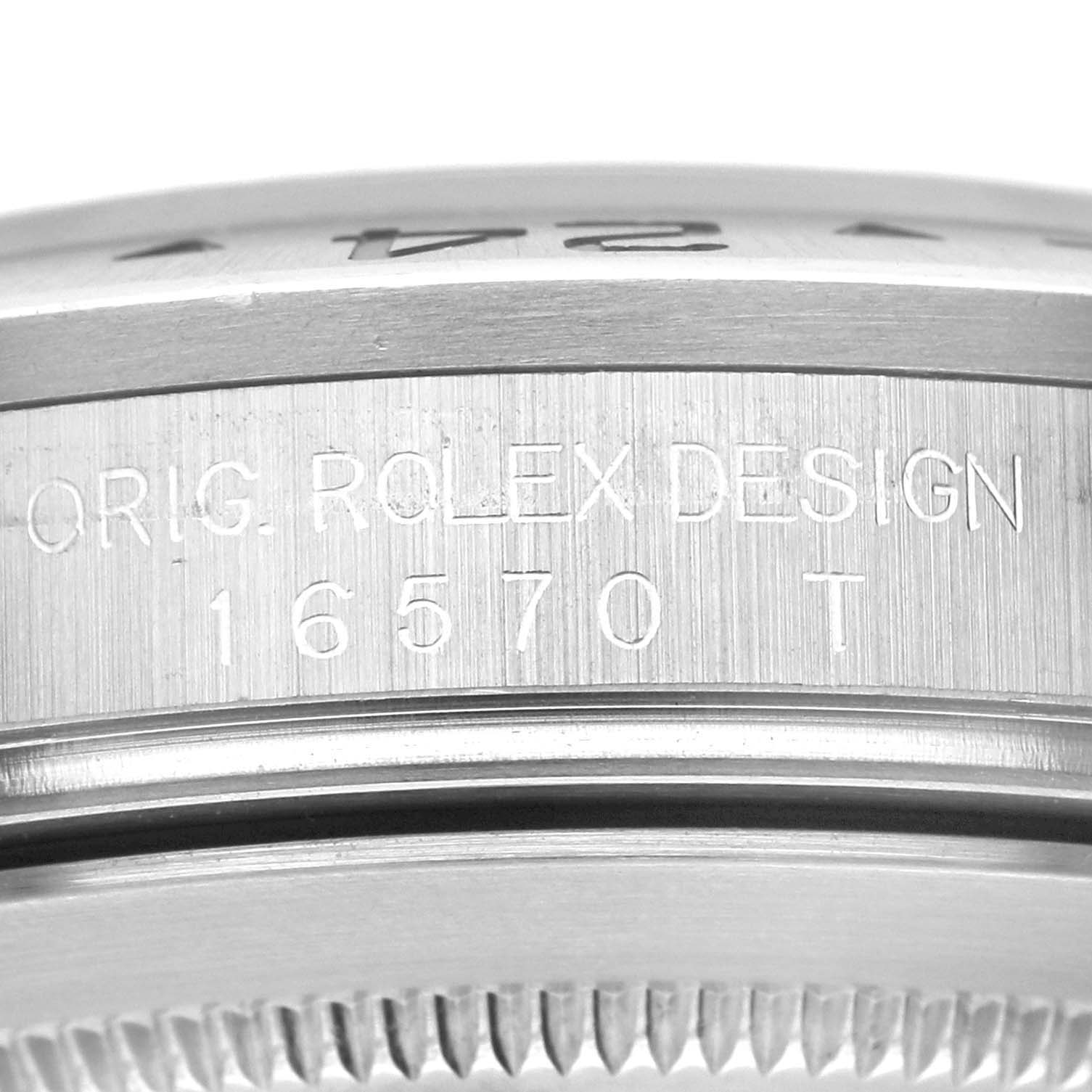 This is a close-up of the side engraving on a Rolex Explorer 16570 Men's Stainless Steel Black Dial 16570 Men's Stainless Steel Black Dial watch, model 16570.