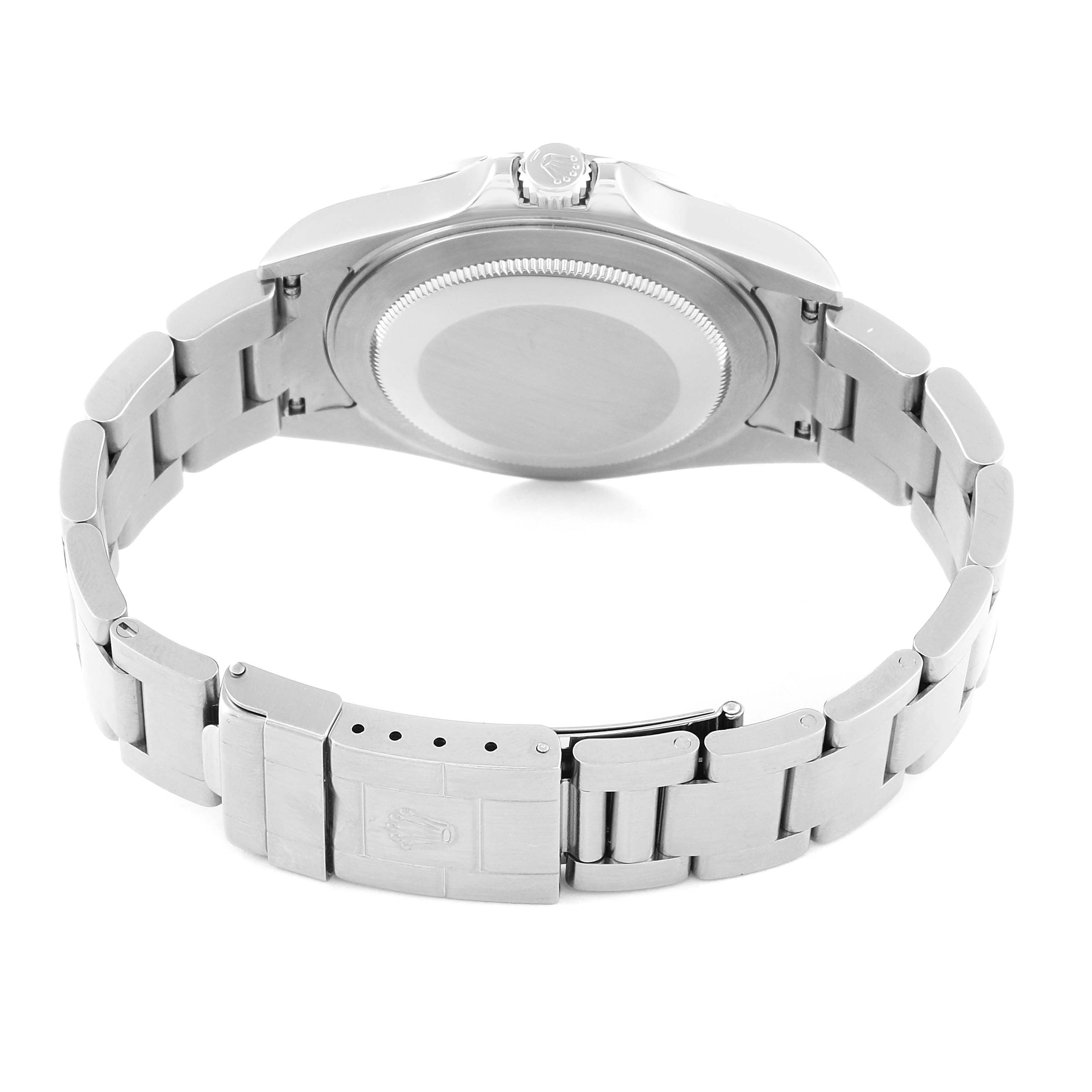 The image shows the back case and bracelet of a Rolex Explorer 16570 Men's Stainless Steel Black Dial 16570 Men's Stainless Steel Black Dial watch, viewed from a rear angle.