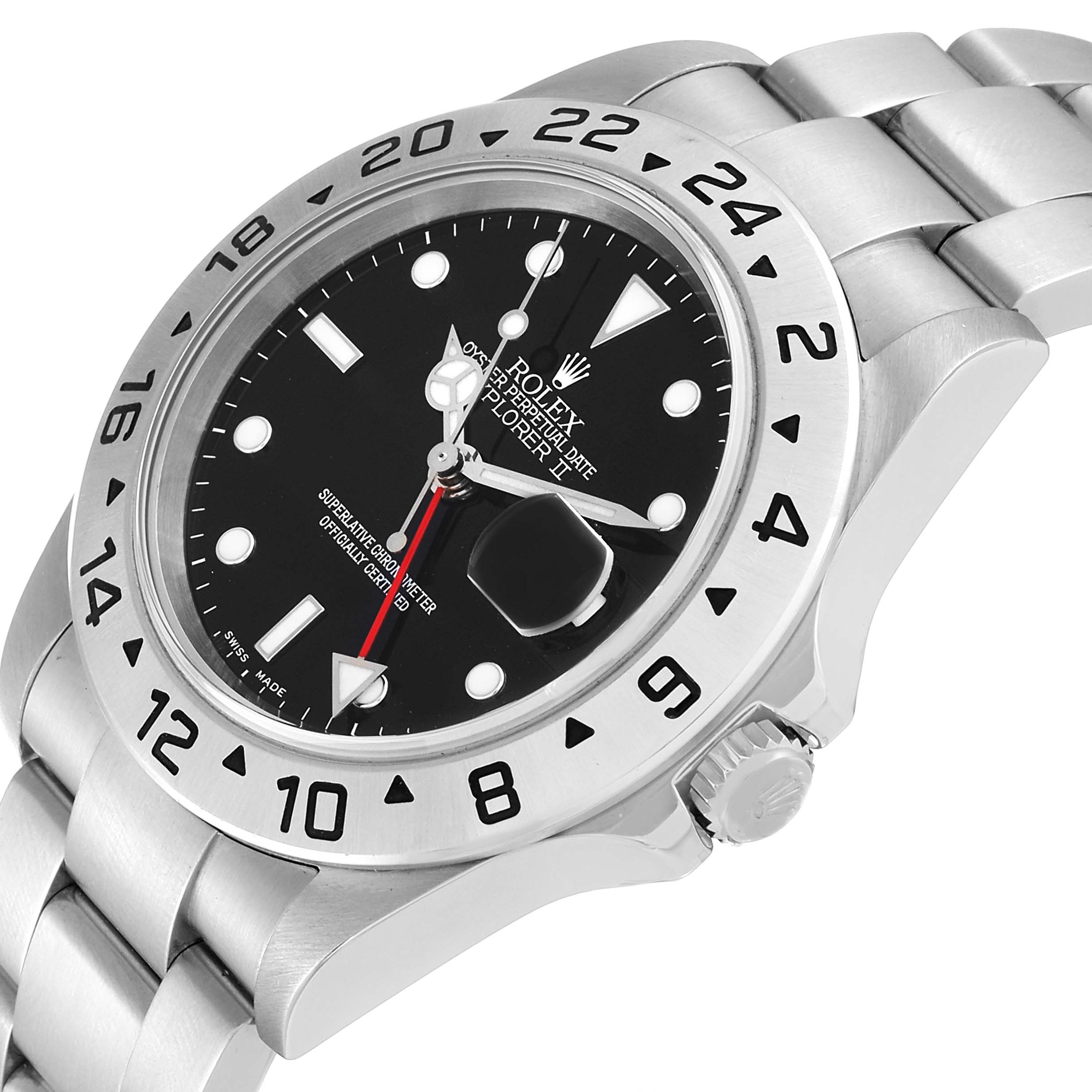 This image shows a side angle of the Rolex Explorer 16570 Men's Stainless Steel Black Dial 16570 Men's Stainless Steel Black Dial watch, highlighting the dial, bezel, bracelet, and crown.