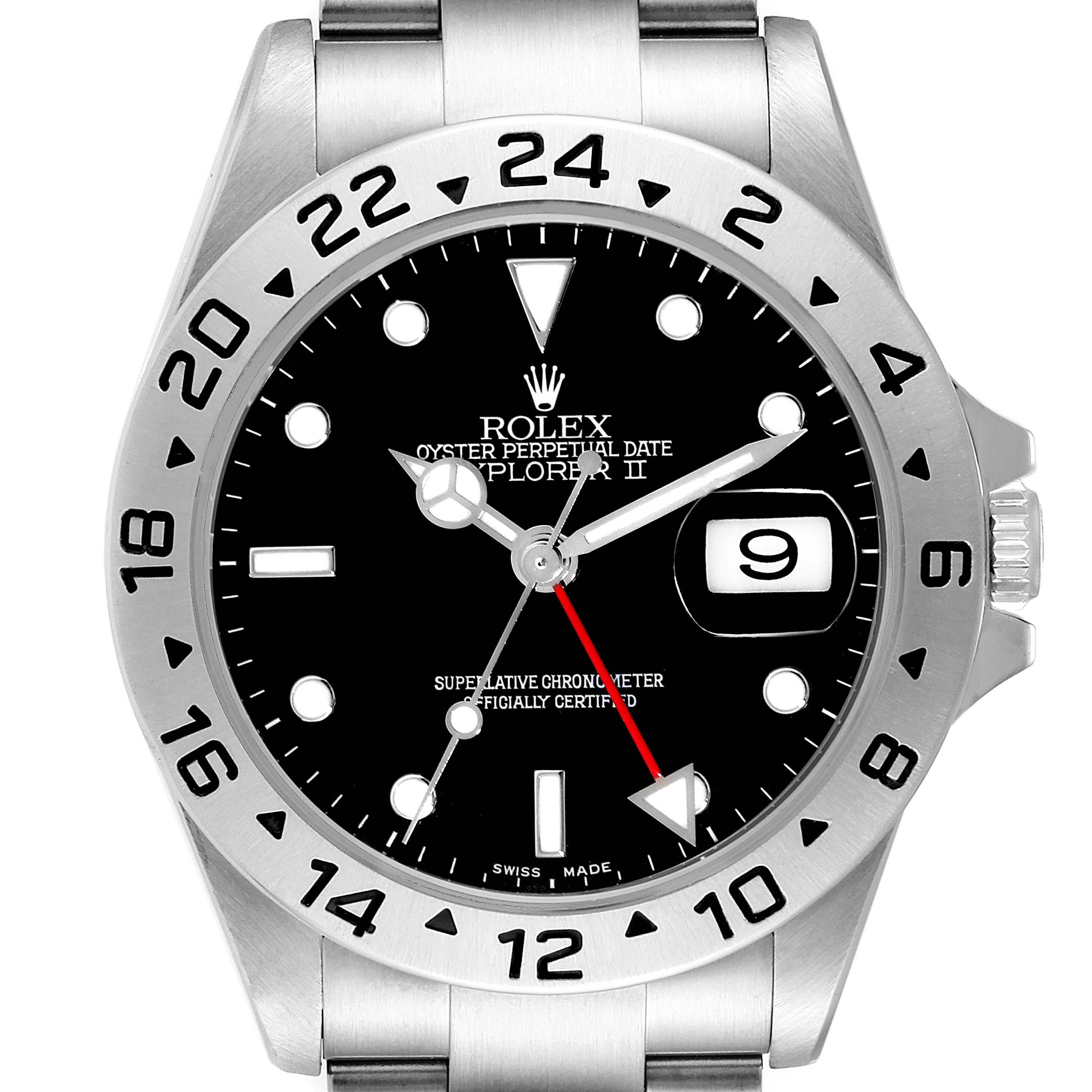 The image shows a frontal view of a Rolex Explorer 16570 Men's Stainless Steel Black Dial 16570 Men's Stainless Steel Black Dial watch, displaying the dial, bezel, and part of the bracelet and crown.