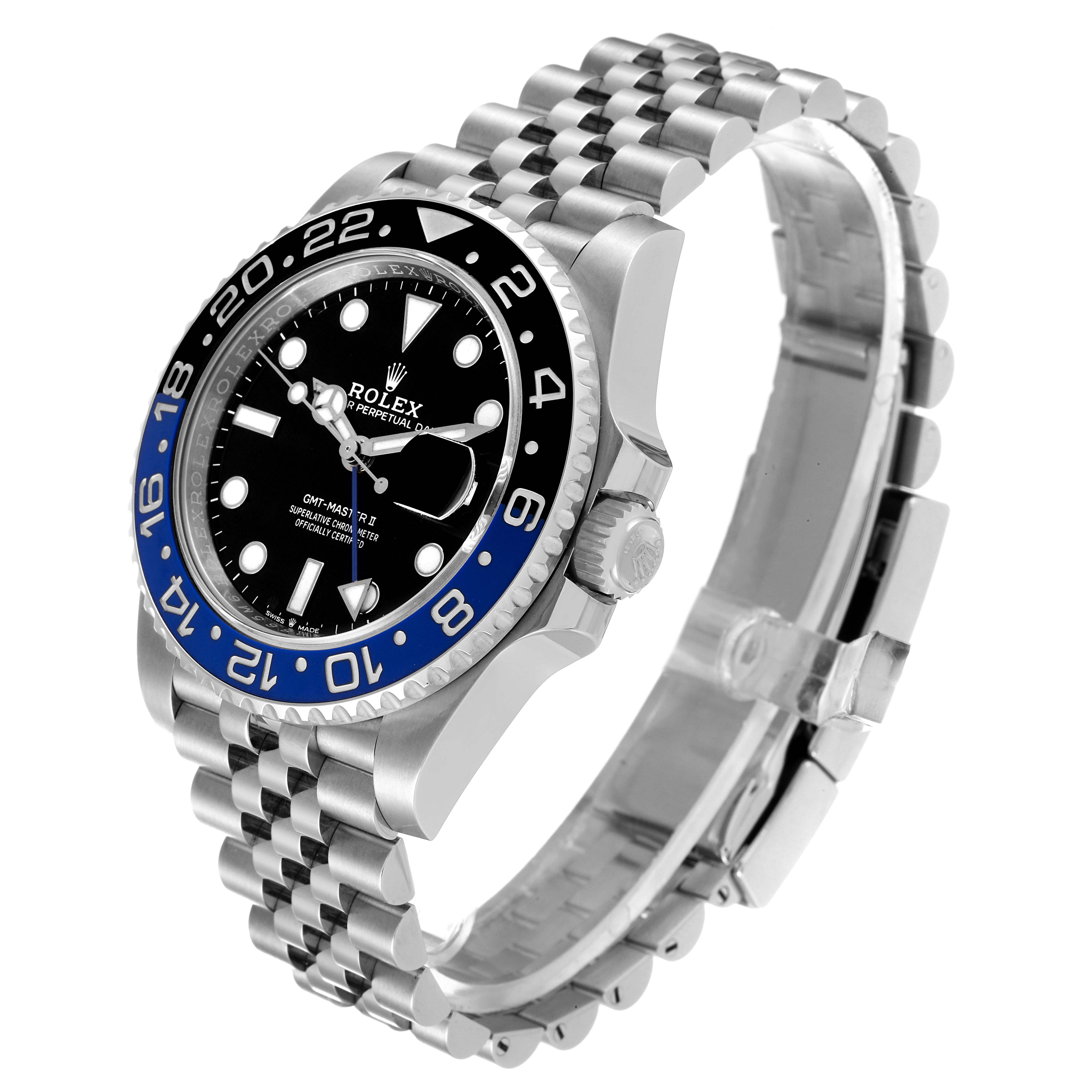 The image shows a Rolex GMT-Master 126710 Men
s Stainless Steel Black Dial 126710 Men
s Stainless Steel Black Dial watch from a three-quarter angle, highlighting the bezel, dial, case, and bracelet.