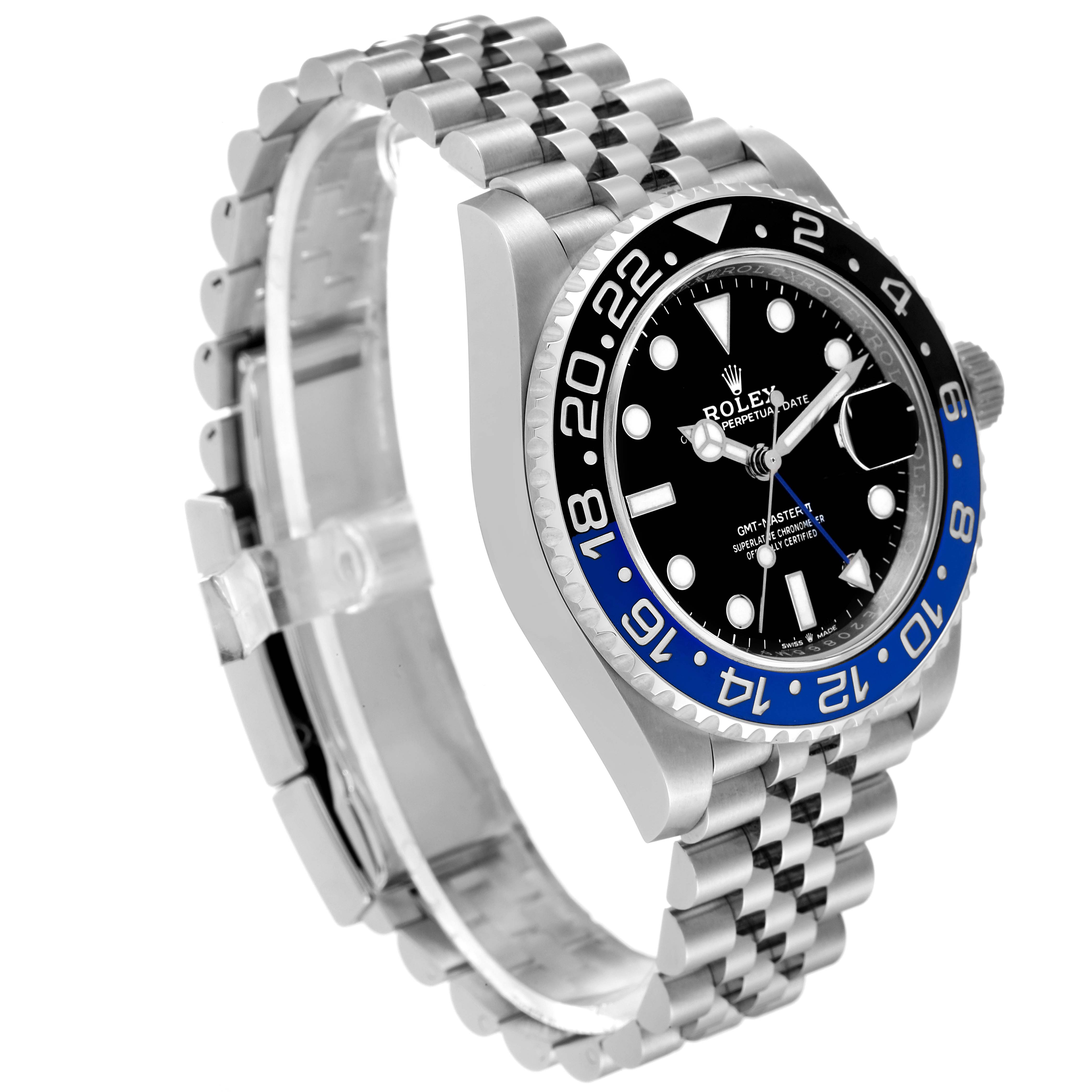 The Rolex GMT-Master 126710 Men
s Stainless Steel Black Dial 126710 Men
s Stainless Steel Black Dial watch is shown at an oblique angle, highlighting its bezel, dial, and jubilee bracelet.