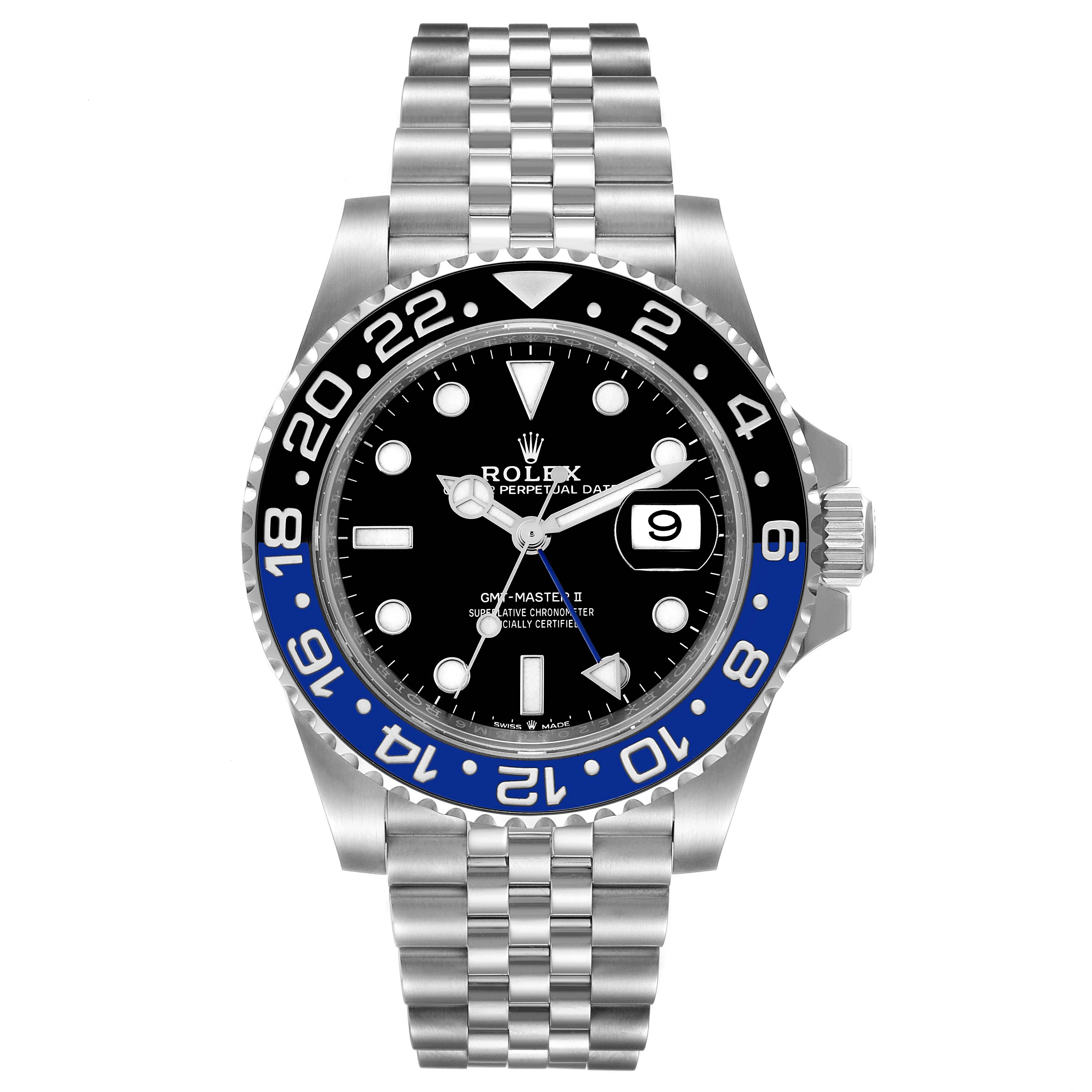 The image shows a front view of a Rolex GMT-Master 126710 Men
s Stainless Steel Black Dial 126710 Men
s Stainless Steel Black Dial watch, displaying its bezel, dial, hands, date, and bracelet.