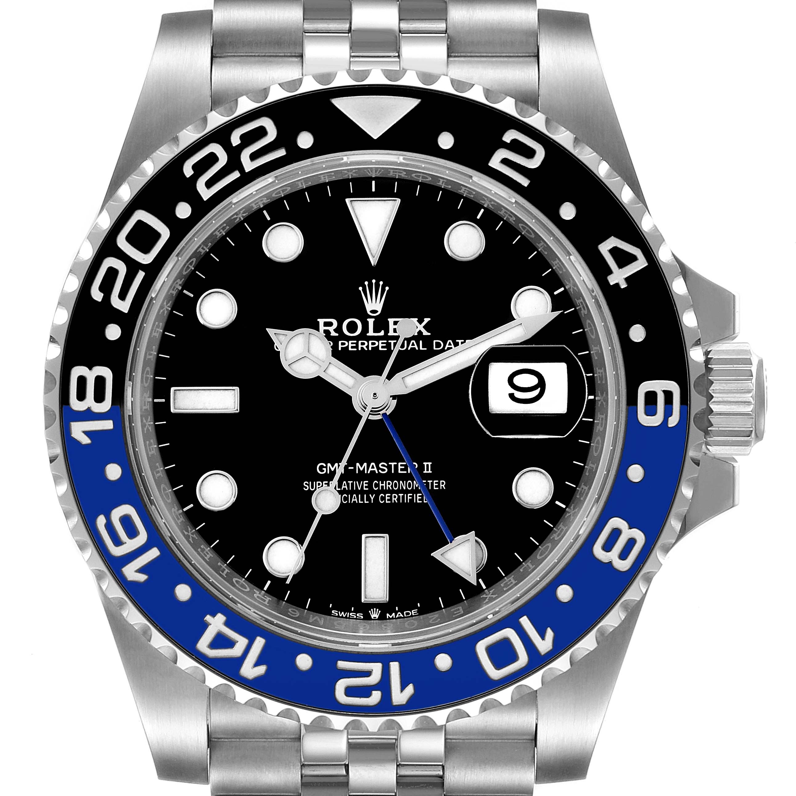 The image shows a front view of a Rolex GMT-Master 126710 Men
s Stainless Steel Black Dial 126710 Men
s Stainless Steel Black Dial II watch highlighting its dial, bezel, and bracelet.