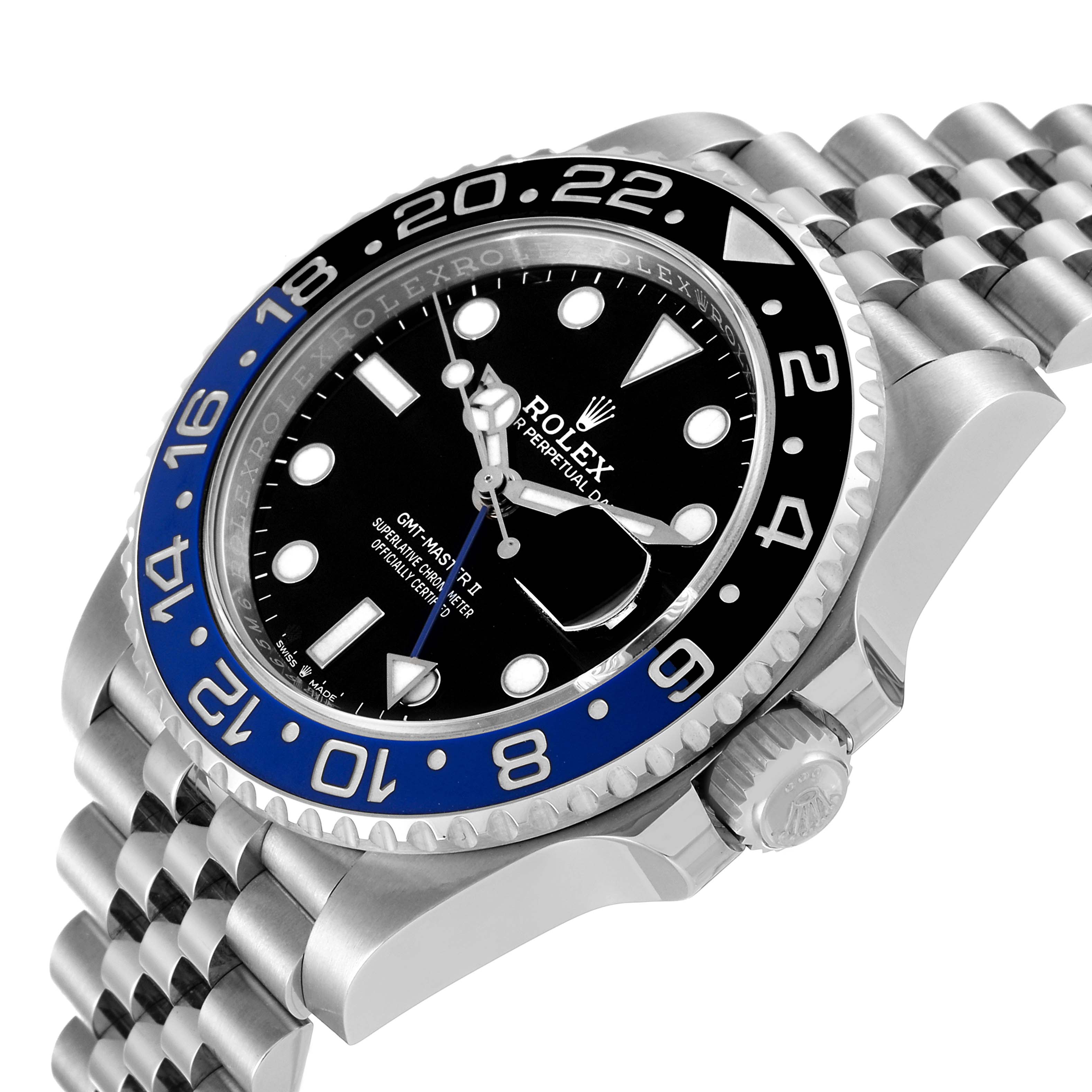 The image shows a Rolex GMT-Master 126710 Men
s Stainless Steel Black Dial 126710 Men
s Stainless Steel Black Dial watch from a side angle, highlighting the bezel, dial, crown, and part of the bracelet.
