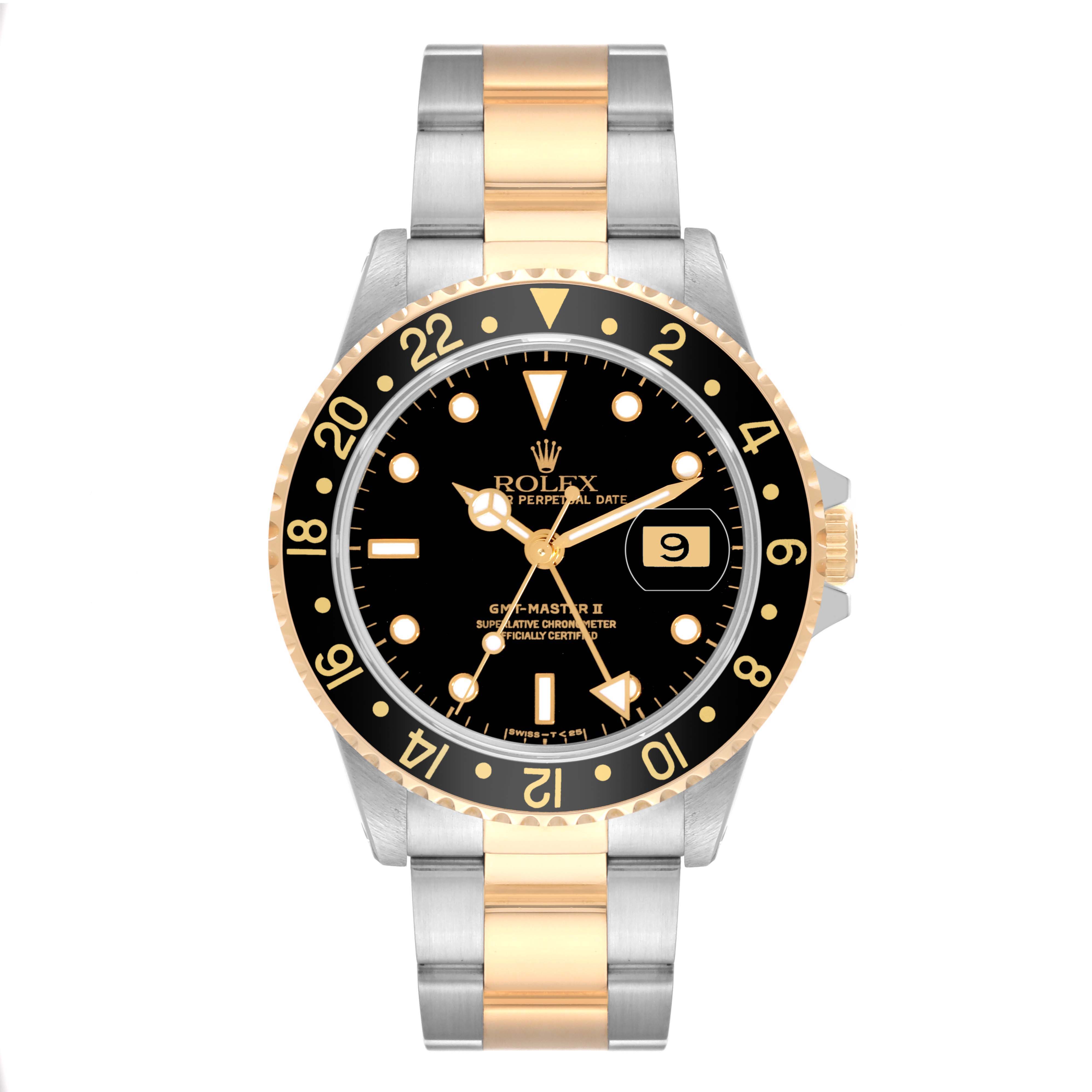 This image shows a frontal view of a Rolex GMT-Master 16713 Men's Steel and Gold (two tone) Black Dial 16713 Men's Steel and Gold (two tone) Black Dial II watch, highlighting its black dial, date display, and two-tone bracelet.