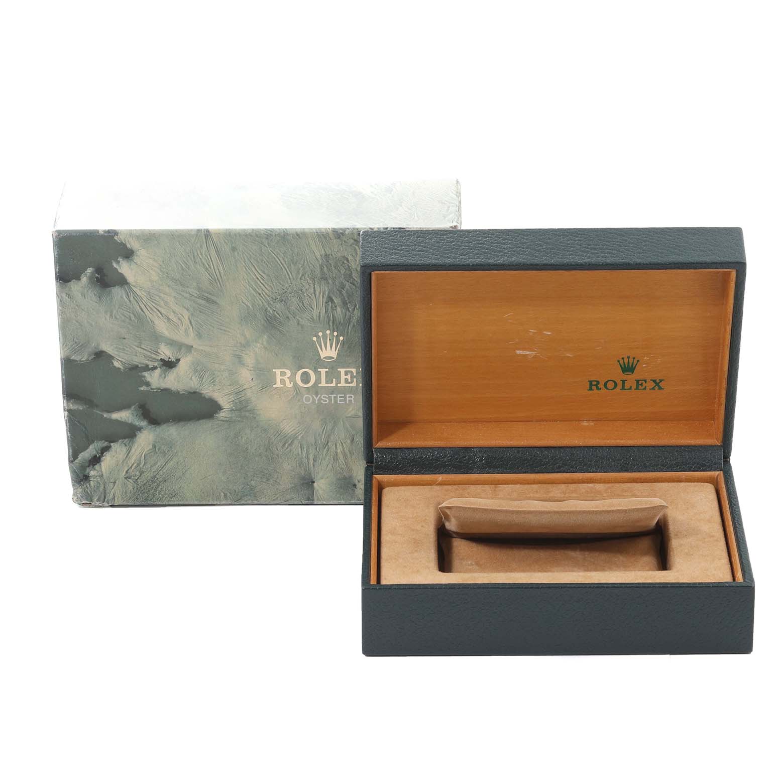 The image shows an open Rolex GMT-Master 16713 Men's Steel and Gold (two tone) Black Dial 16713 Men's Steel and Gold (two tone) Black Dial watch box and its outer packaging from a front-angle view.