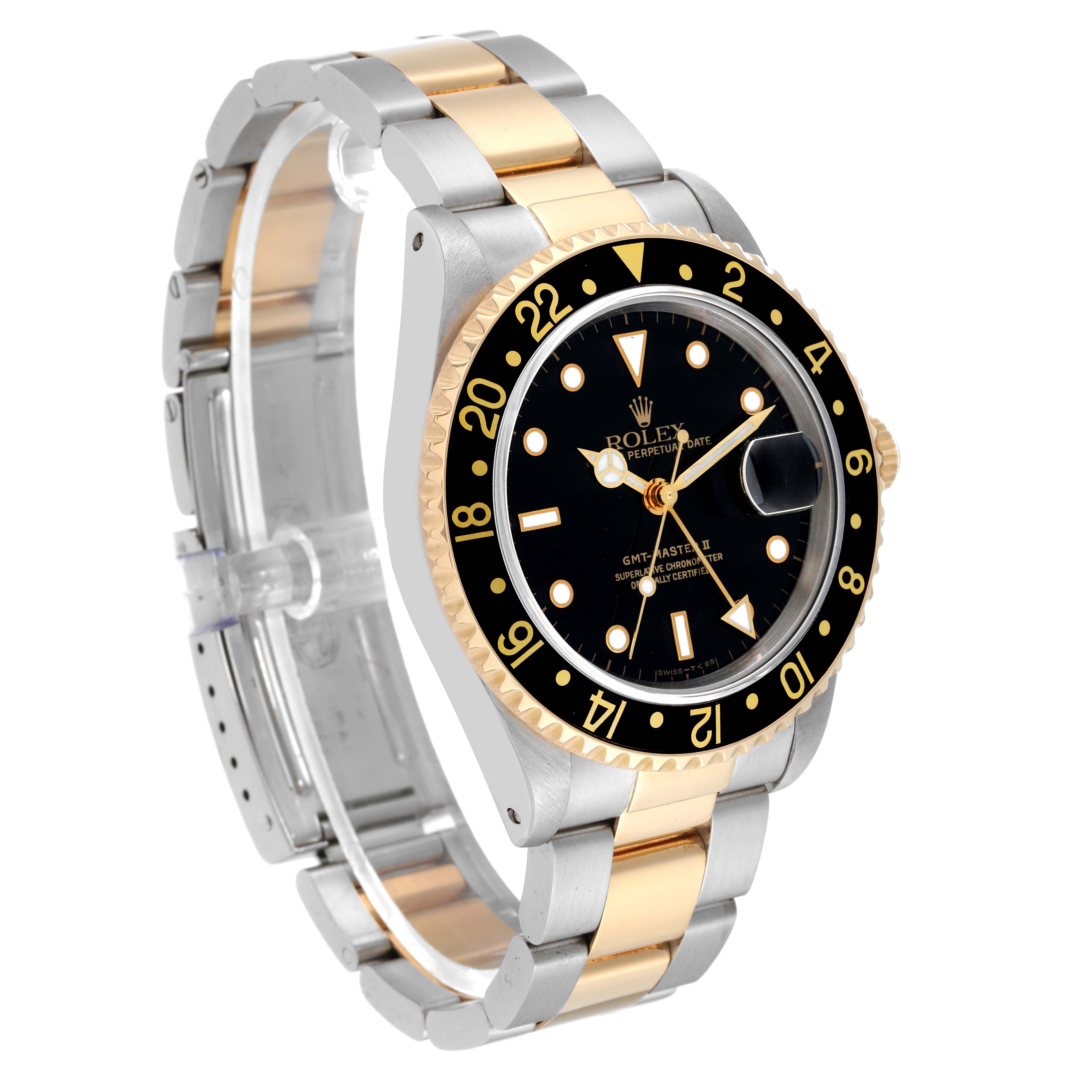 This Rolex GMT-Master 16713 Men's Steel and Gold (two tone) Black Dial 16713 Men's Steel and Gold (two tone) Black Dial watch is shown at an angled side view, displaying the bezel, dial, case, and bracelet.