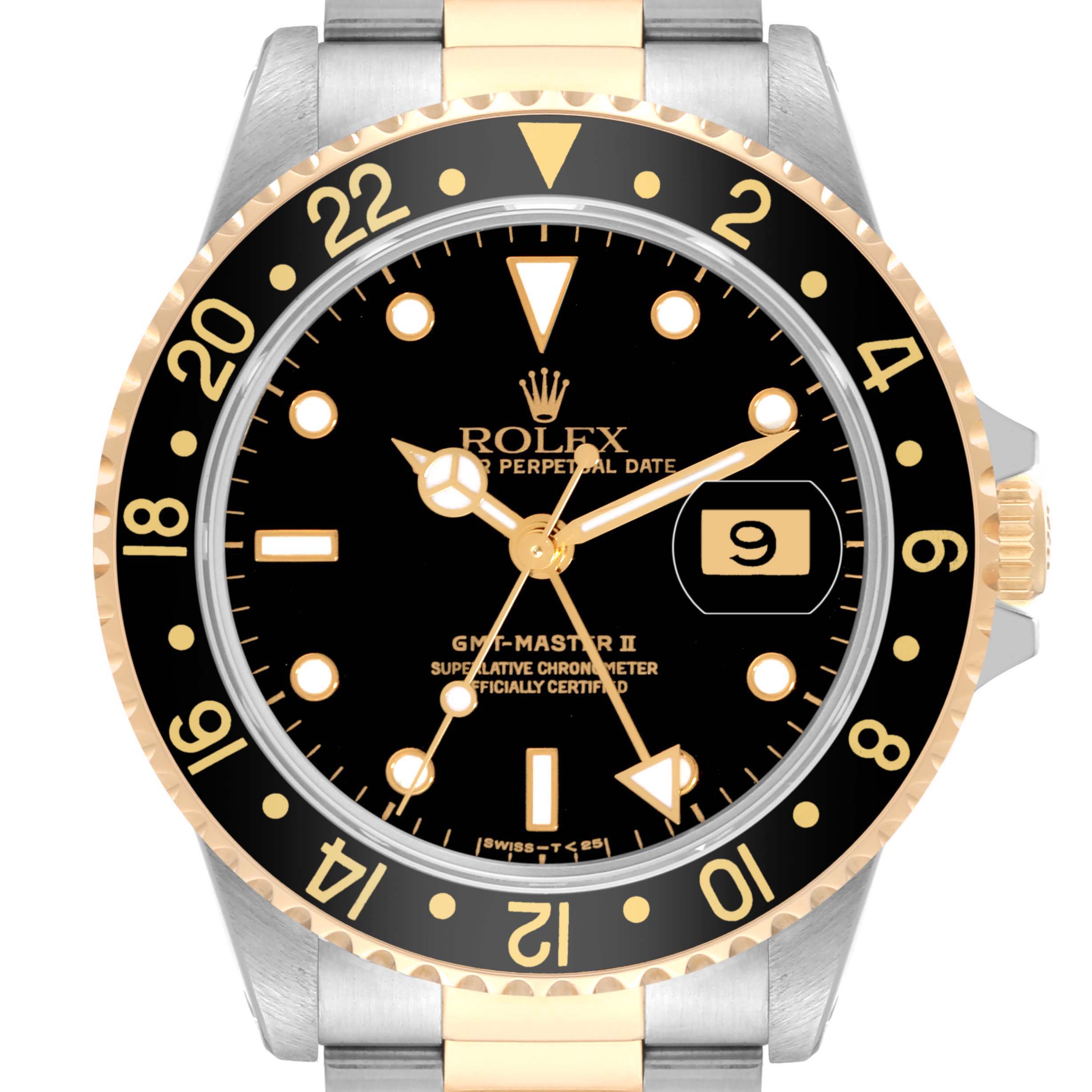 The image shows a front view of a Rolex GMT-Master 16713 Men's Steel and Gold (two tone) Black Dial 16713 Men's Steel and Gold (two tone) Black Dial II watch, displaying the dial, bezel, crown, and part of the bracelet.
