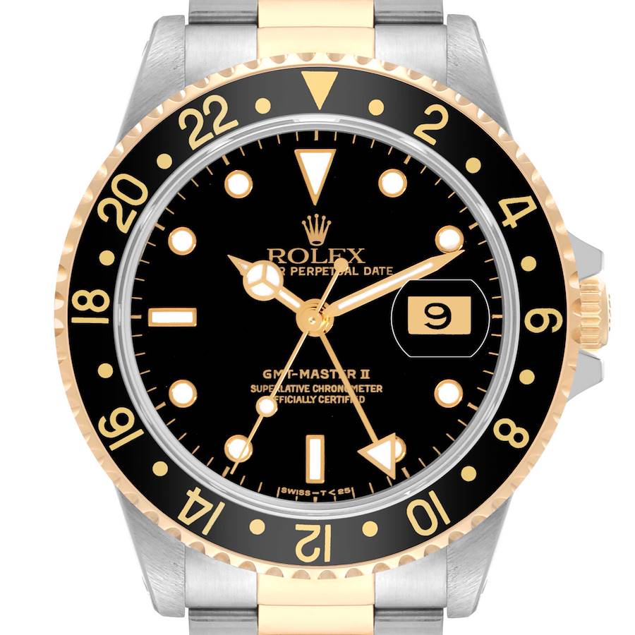 Rolex GMT Master II Black Dial Yellow Gold Steel Mens Watch 16713 SwissWatchExpo