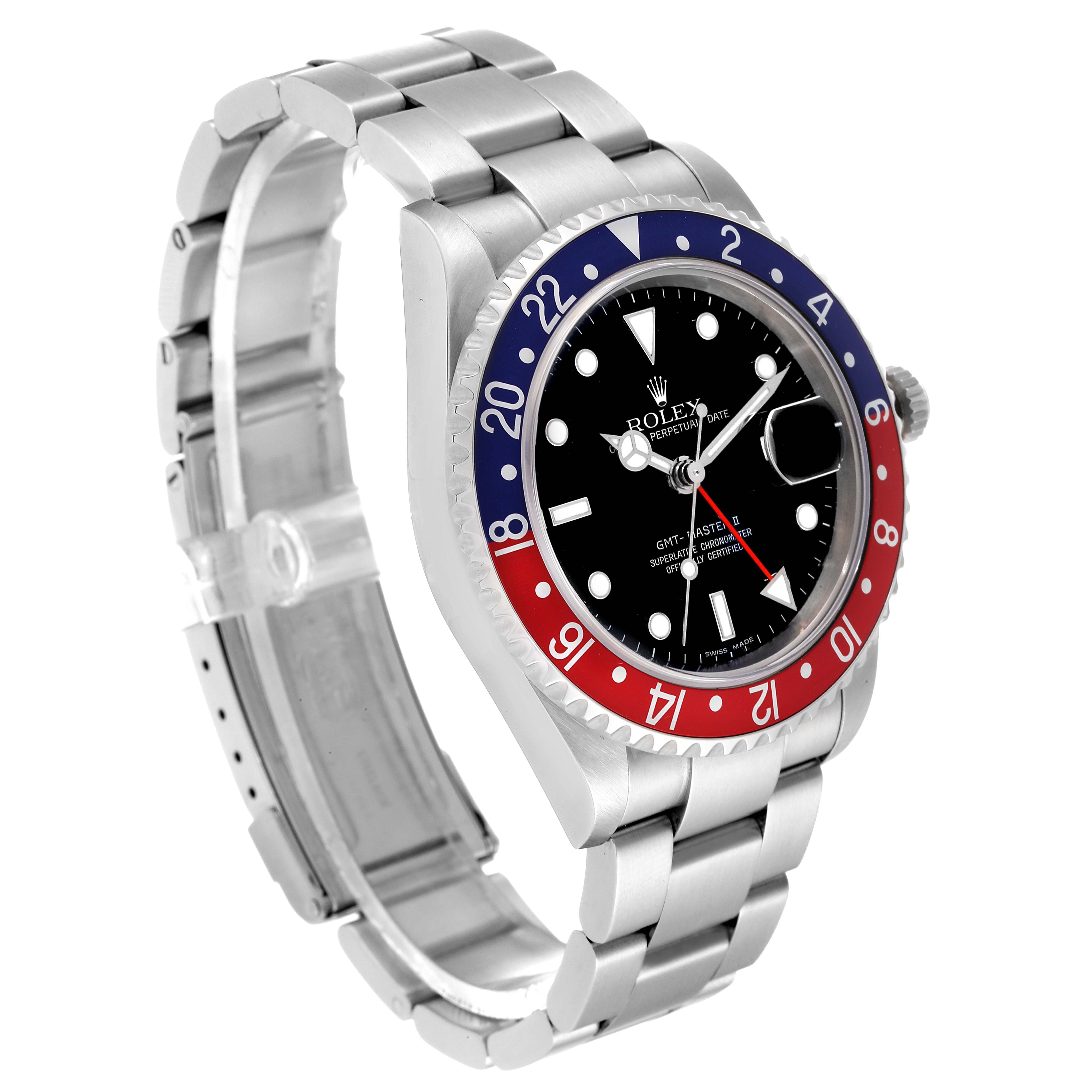 The image shows a side and front view of a Rolex GMT-Master 16710 Men's Stainless Steel Black Dial 16710 Men's Stainless Steel Black Dial watch, highlighting the dial, bezel, and bracelet.