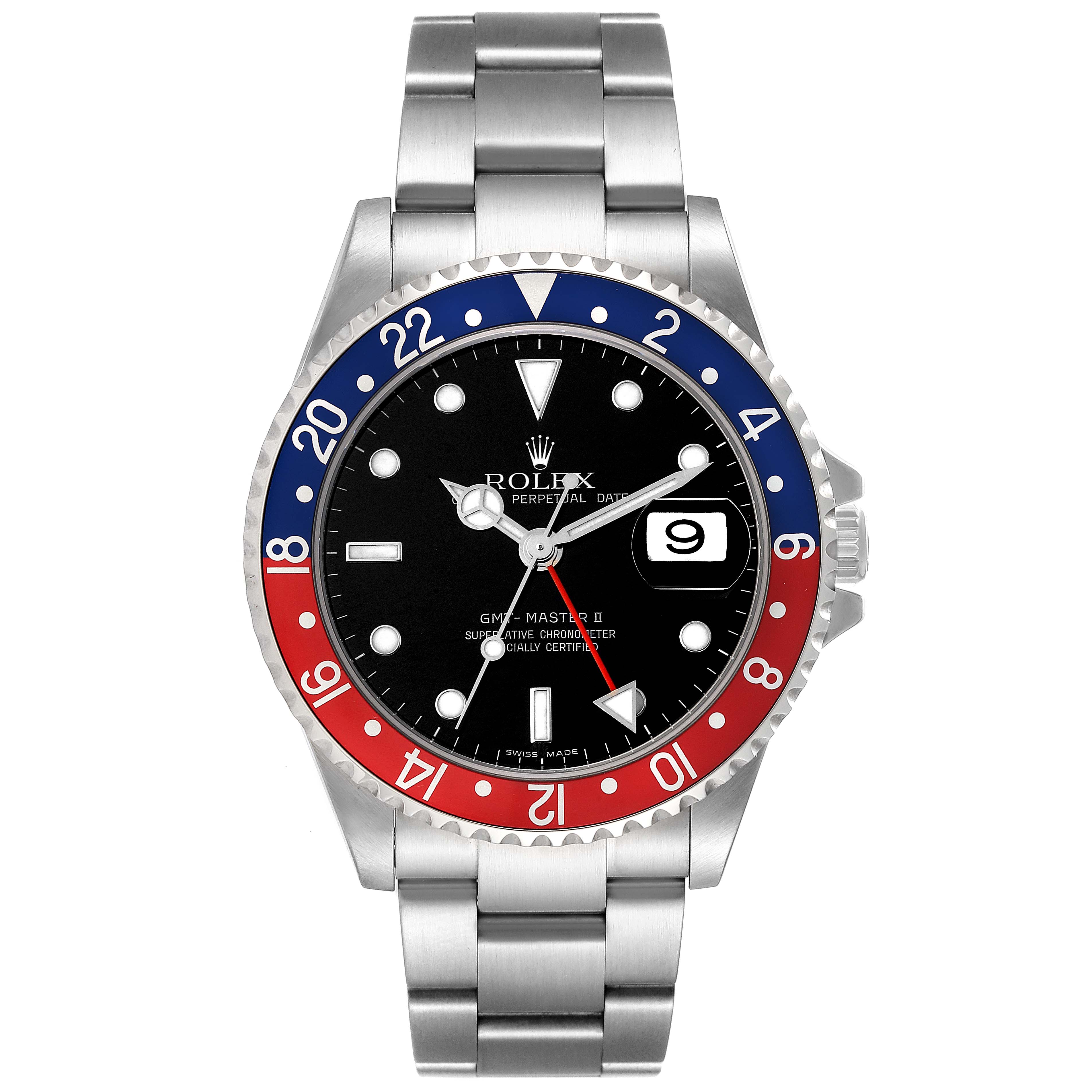 The image shows a front view of the Rolex GMT-Master 16710 Men's Stainless Steel Black Dial 16710 Men's Stainless Steel Black Dial II watch, displaying the face, bezel, and bracelet.