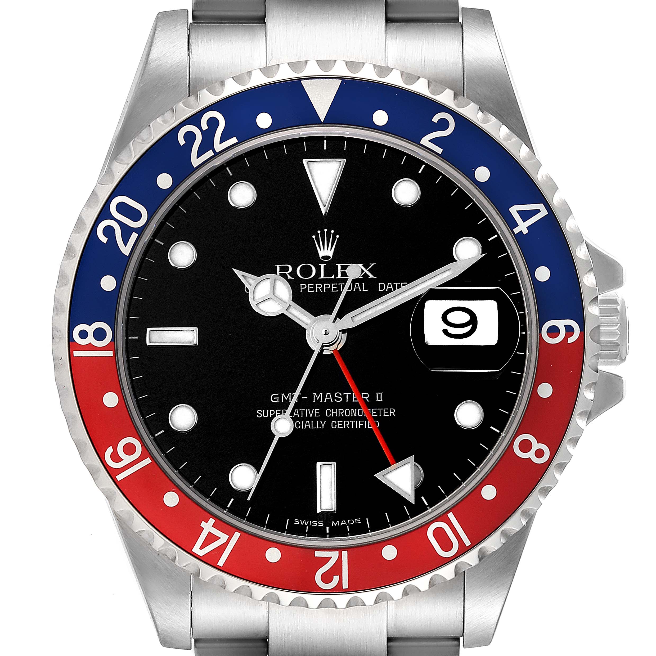 The image shows a front view of the Rolex GMT-Master 16710 Men's Stainless Steel Black Dial 16710 Men's Stainless Steel Black Dial II watch, highlighting the bezel, dial, hands, and date window.