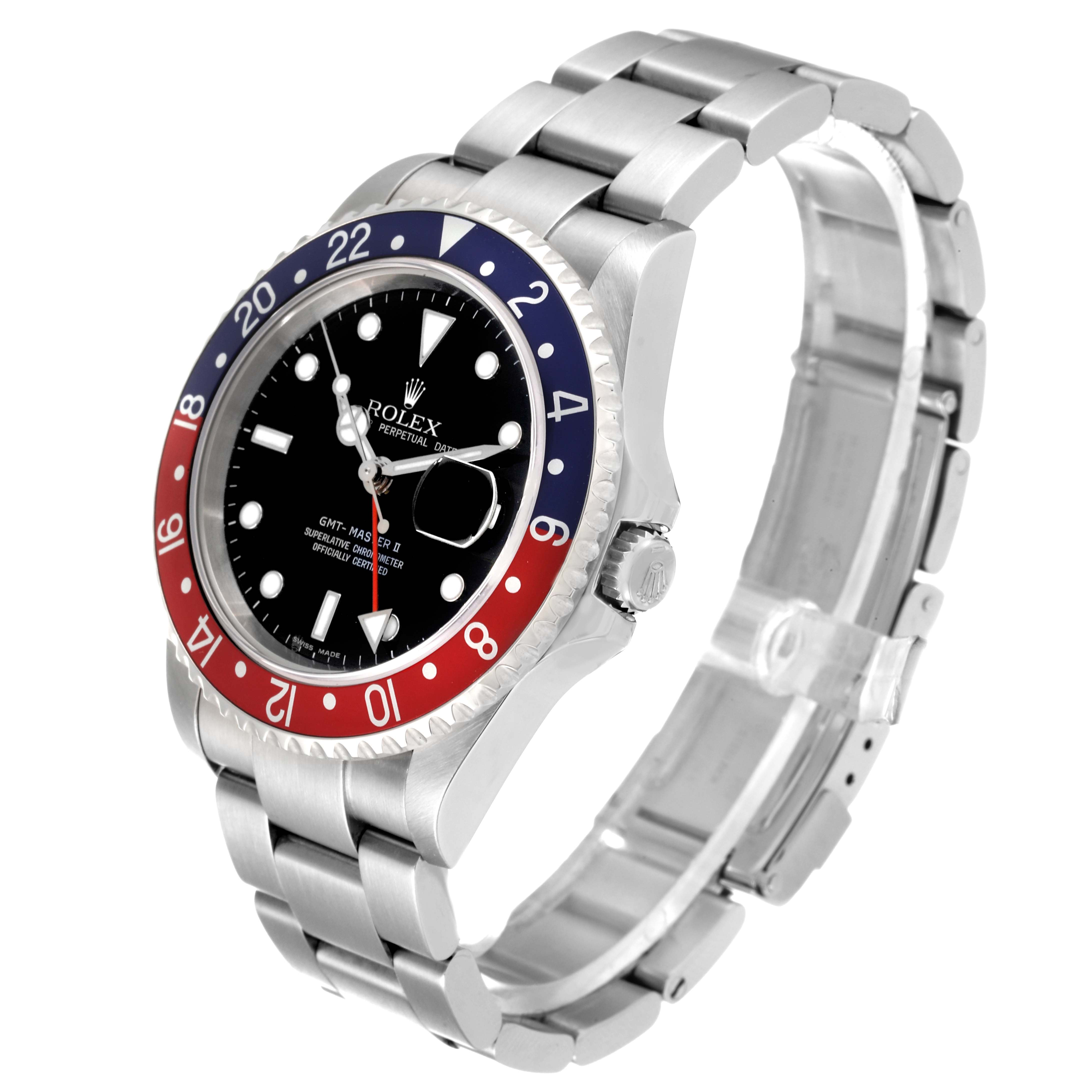 The image shows a side angle of a Rolex GMT-Master 16710 Men's Stainless Steel Black Dial 16710 Men's Stainless Steel Black Dial watch, displaying the bezel, dial, and bracelet.