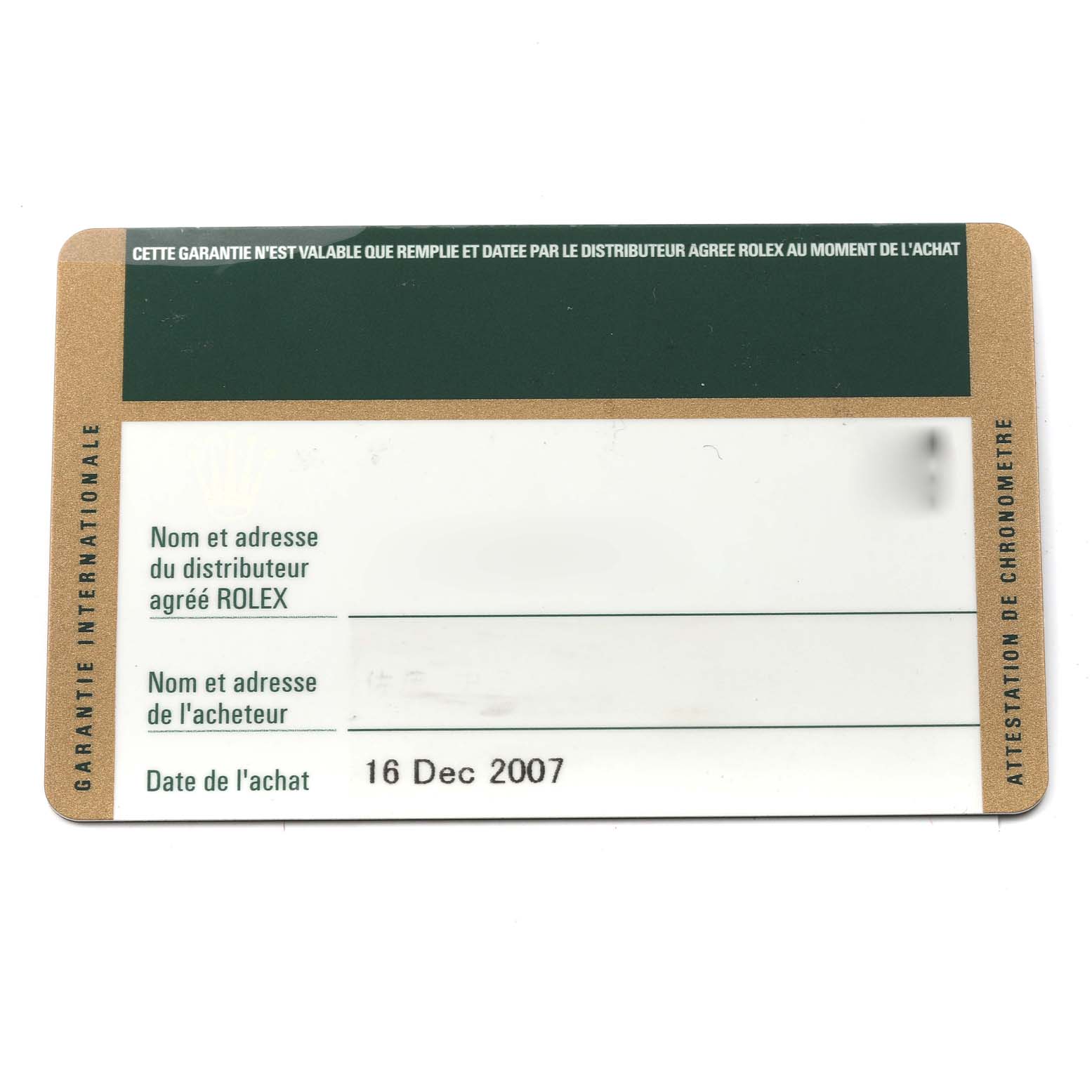 This is an image of a warranty card for a Rolex GMT-Master 16710 Men's Stainless Steel Black Dial 16710 Men's Stainless Steel Black Dial watch, showing the distributor and purchase date details.