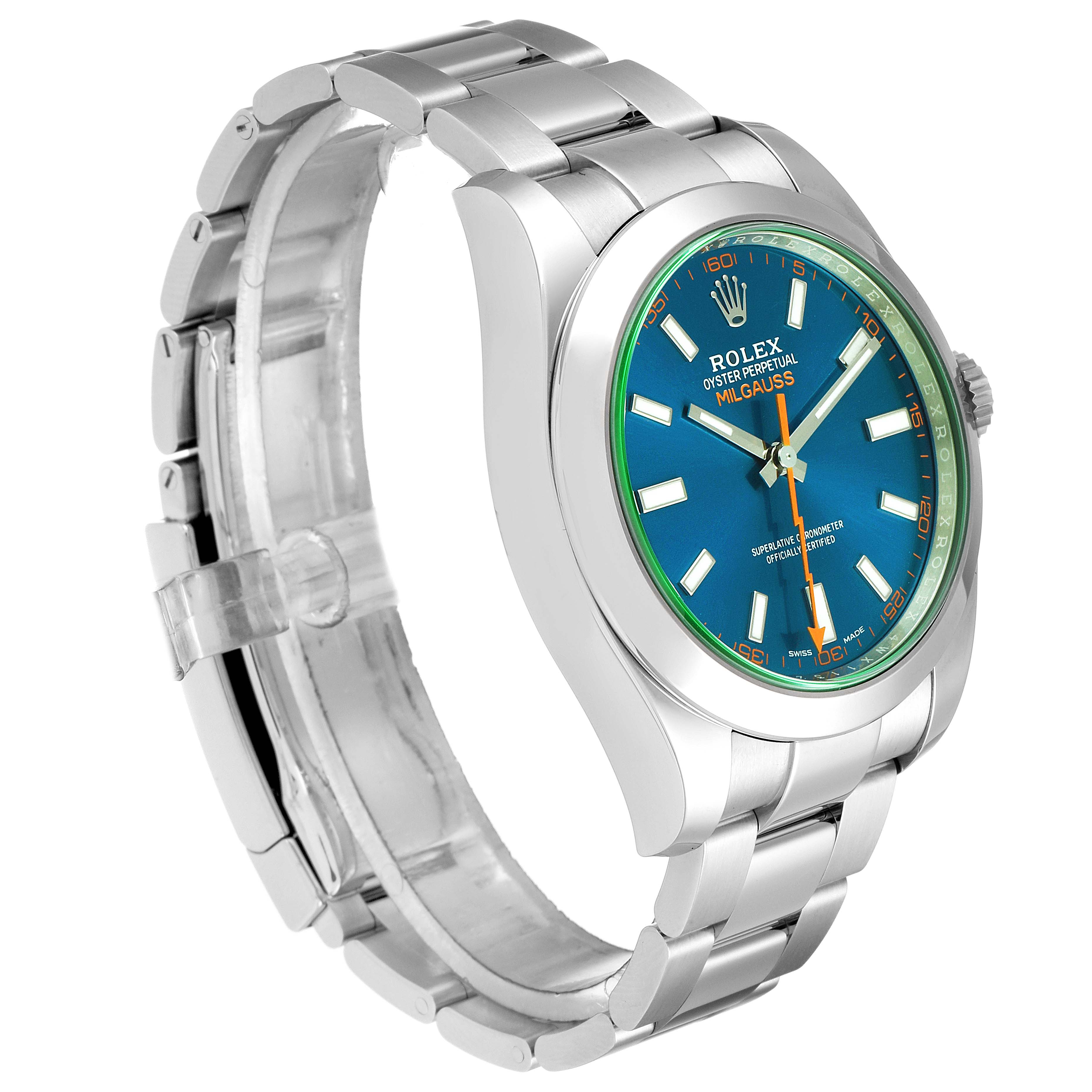 This image shows a Rolex Milgauss 116400GV Men
s Stainless Steel Blue Dial 116400GV Men
s Stainless Steel Blue Dial watch from a front-side angle, highlighting its face, bezel, case, and bracelet.