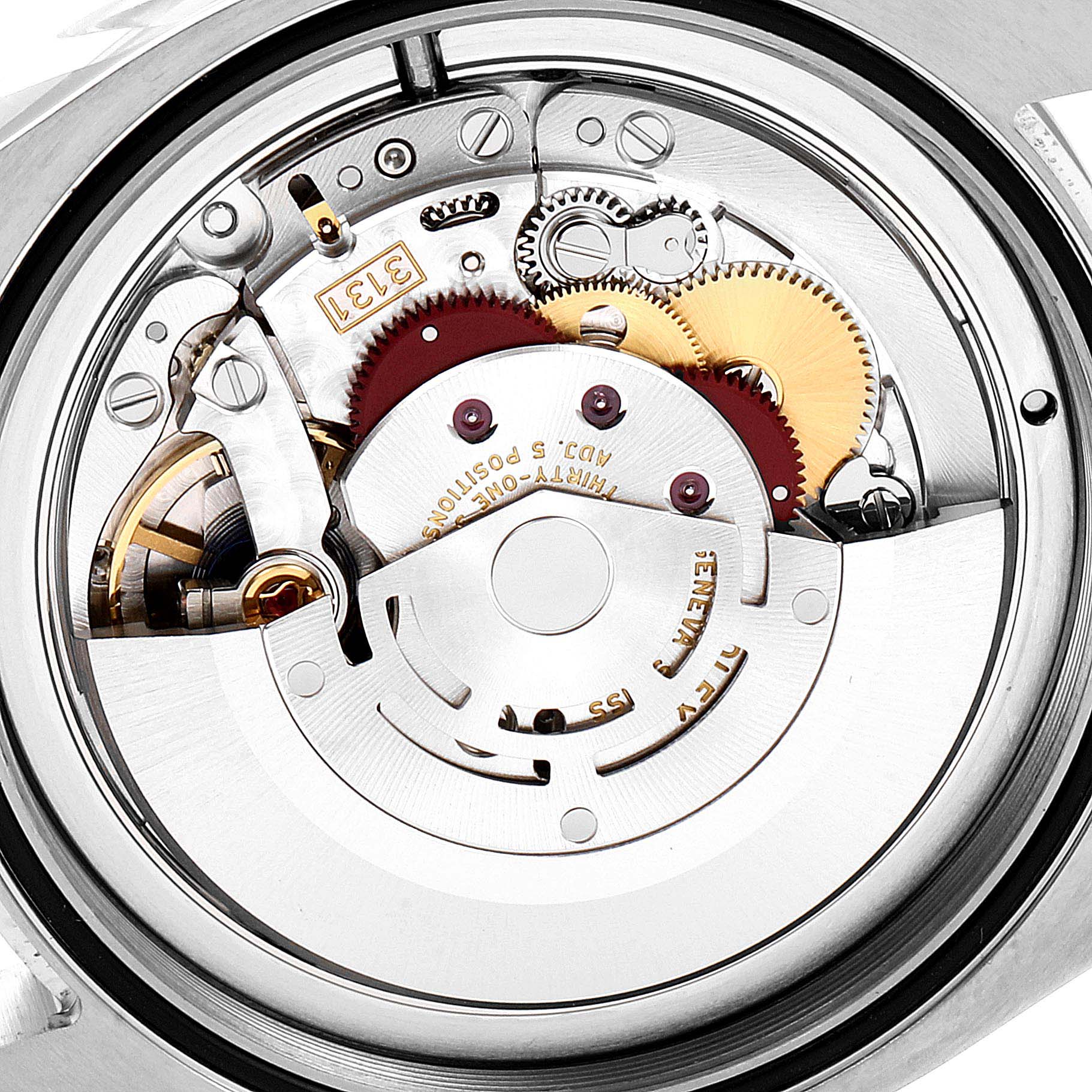 The image shows the inner mechanism and movement of a Rolex Milgauss 116400GV Men
s Stainless Steel Blue Dial 116400GV Men
s Stainless Steel Blue Dial watch from a straight-on angle.