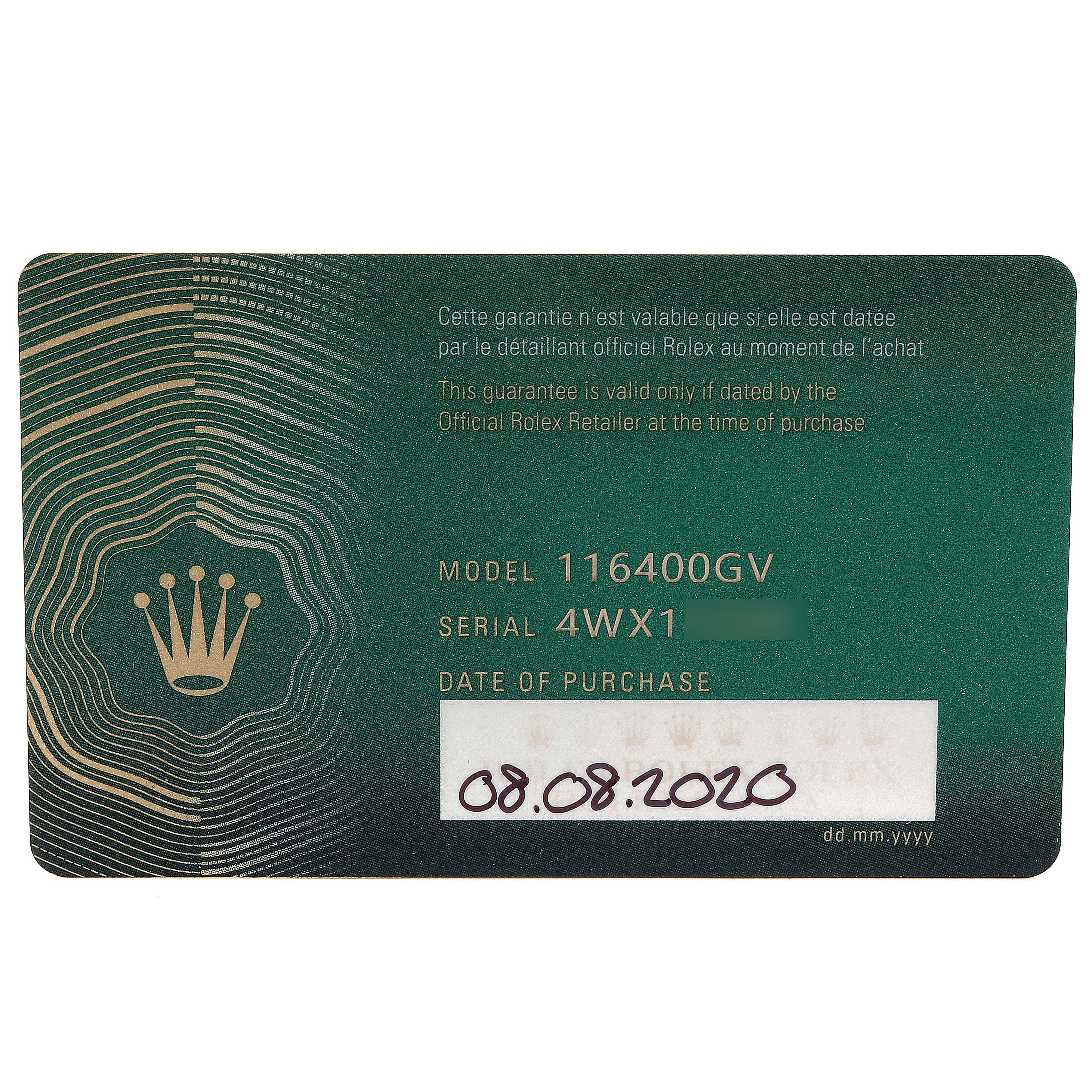 This image shows the guarantee card for a Rolex Milgauss 116400GV Men
s Stainless Steel Blue Dial 116400GV Men
s Stainless Steel Blue Dial model 116400GV, featuring the serial number and date of purchase.