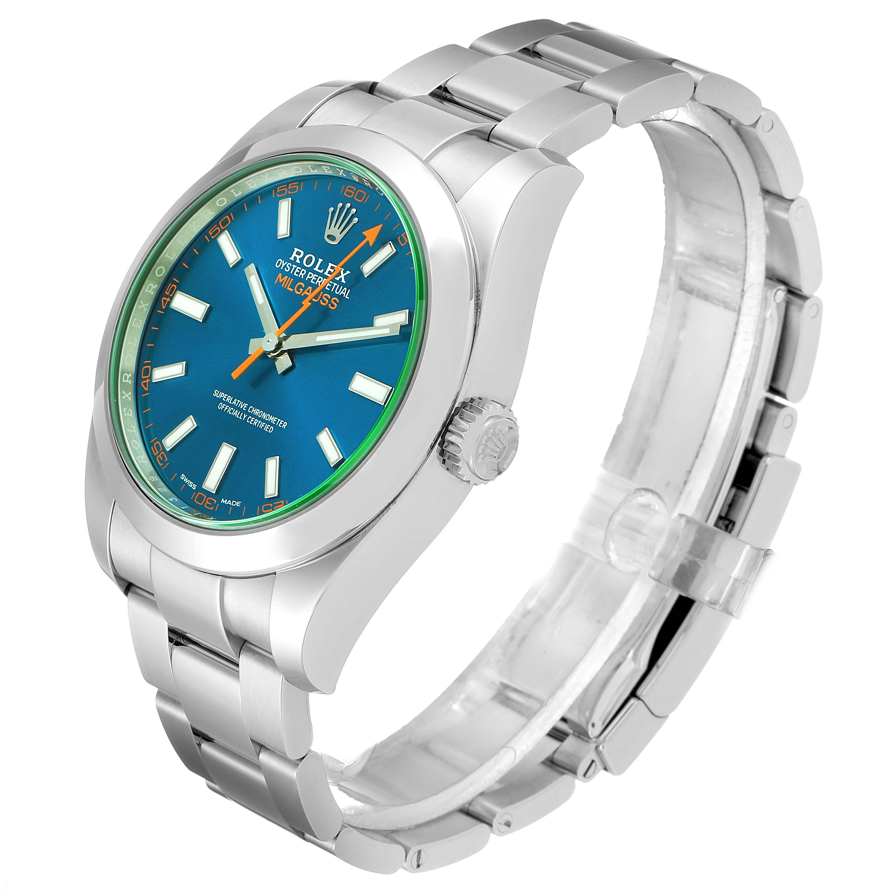 The image shows a Rolex Milgauss 116400GV Men
s Stainless Steel Blue Dial 116400GV Men
s Stainless Steel Blue Dial watch angled to display the face, crown, and part of the bracelet.