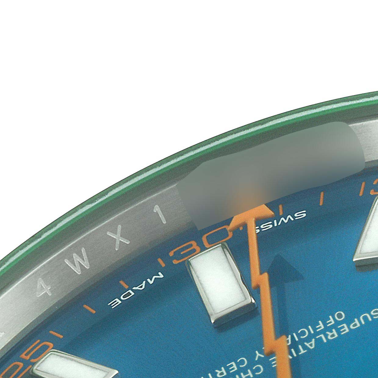 The image shows a close-up of the dial and part of the bezel of a Rolex Milgauss 116400GV Men
s Stainless Steel Blue Dial 116400GV Men
s Stainless Steel Blue Dial watch, highlighting the minute indicators and an orange lightning bolt second hand.