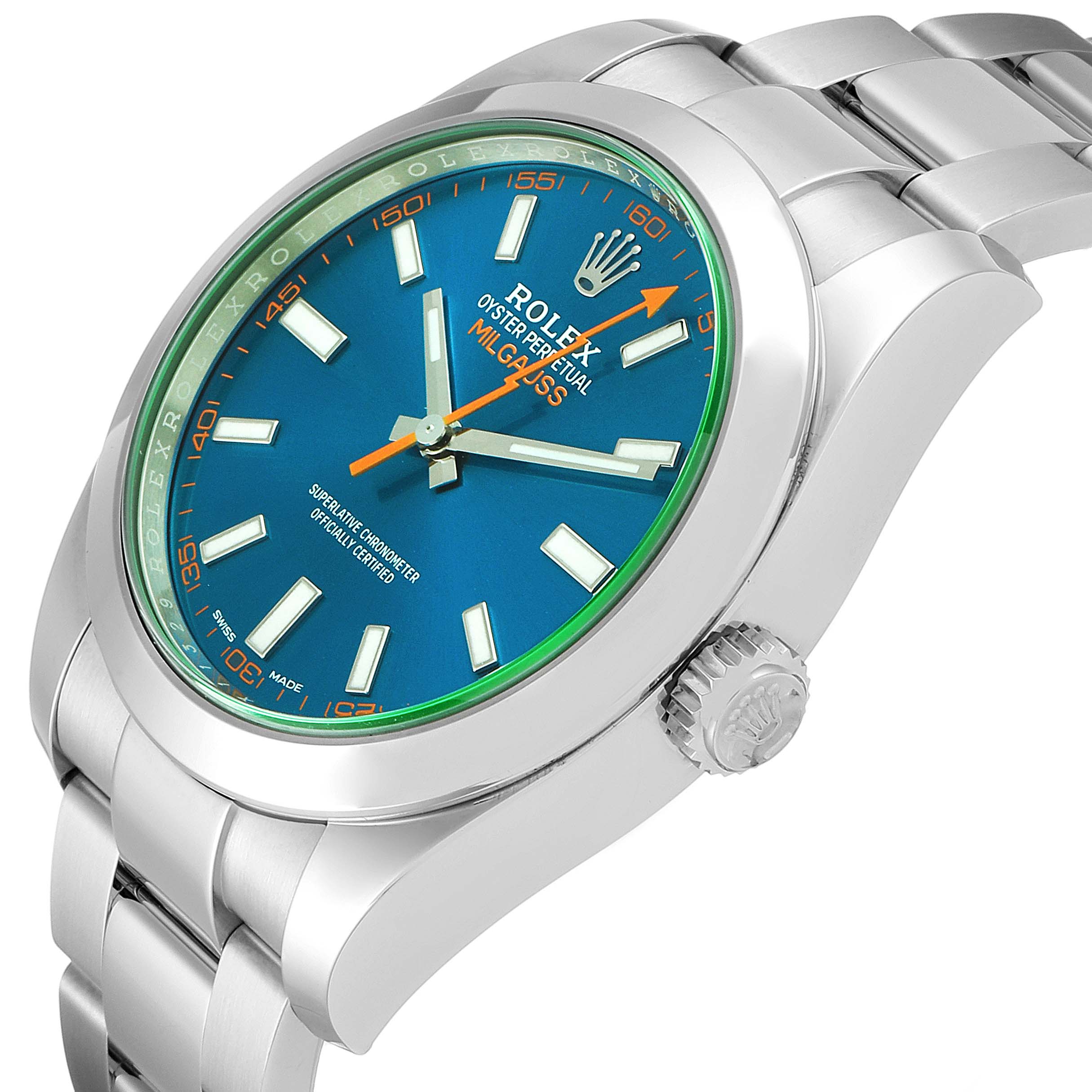 This image shows a side angle of the Rolex Milgauss 116400GV Men
s Stainless Steel Blue Dial 116400GV Men
s Stainless Steel Blue Dial watch, highlighting the dial, bezel, crown, and part of the bracelet.
