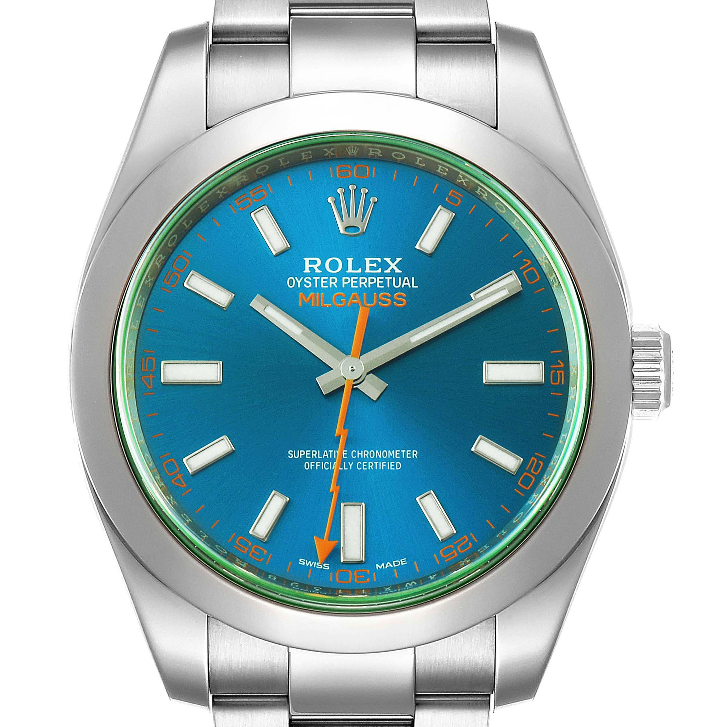 This image shows a front view of the Rolex Milgauss 116400GV Men
s Stainless Steel Blue Dial 116400GV Men
s Stainless Steel Blue Dial watch, highlighting its blue dial, hands, and part of its stainless steel bracelet.