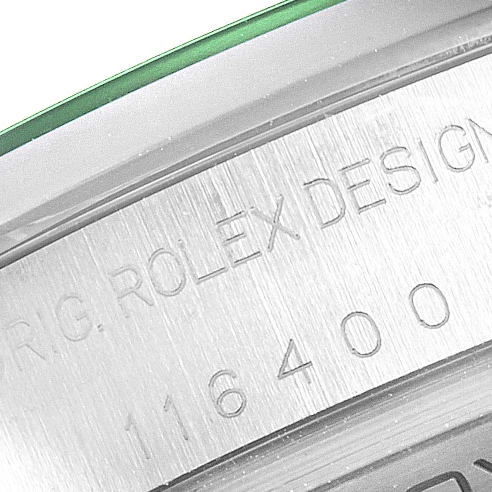 This image shows a close-up of the side engraving on a Rolex Milgauss 116400GV Men
s Stainless Steel Blue Dial 116400GV Men
s Stainless Steel Blue Dial watch, including the model number "116400."