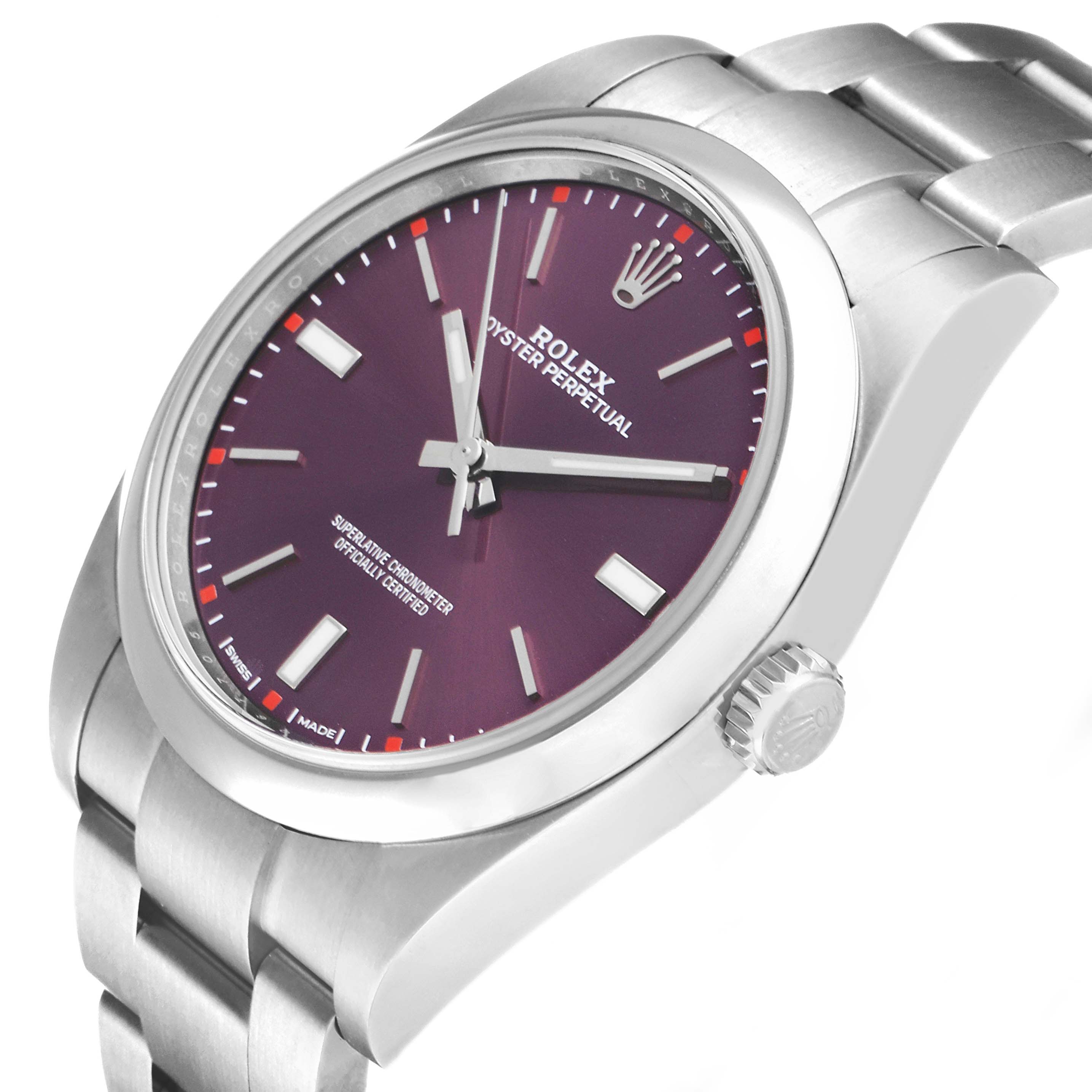 This image shows a side view of the Rolex Oyster Perpetual 114300 Men's Stainless Steel Burgundy Dial 114300 Men's Stainless Steel Burgundy Dial watch highlighting its case, dial, and bracelet.