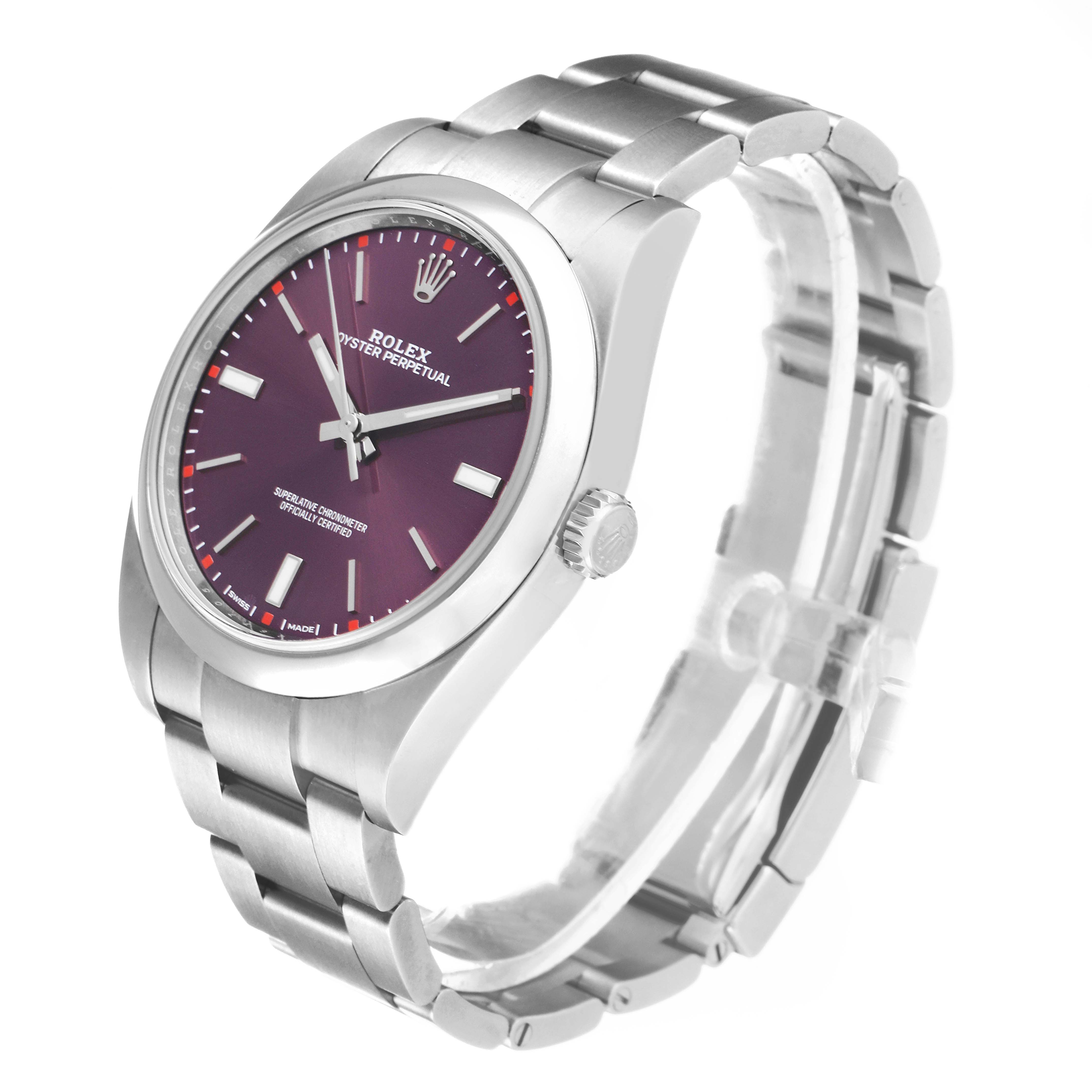 The image shows a Rolex Oyster Perpetual 114300 Men's Stainless Steel Burgundy Dial 114300 Men's Stainless Steel Burgundy Dial watch angled to display the dial, bracelet, and crown.