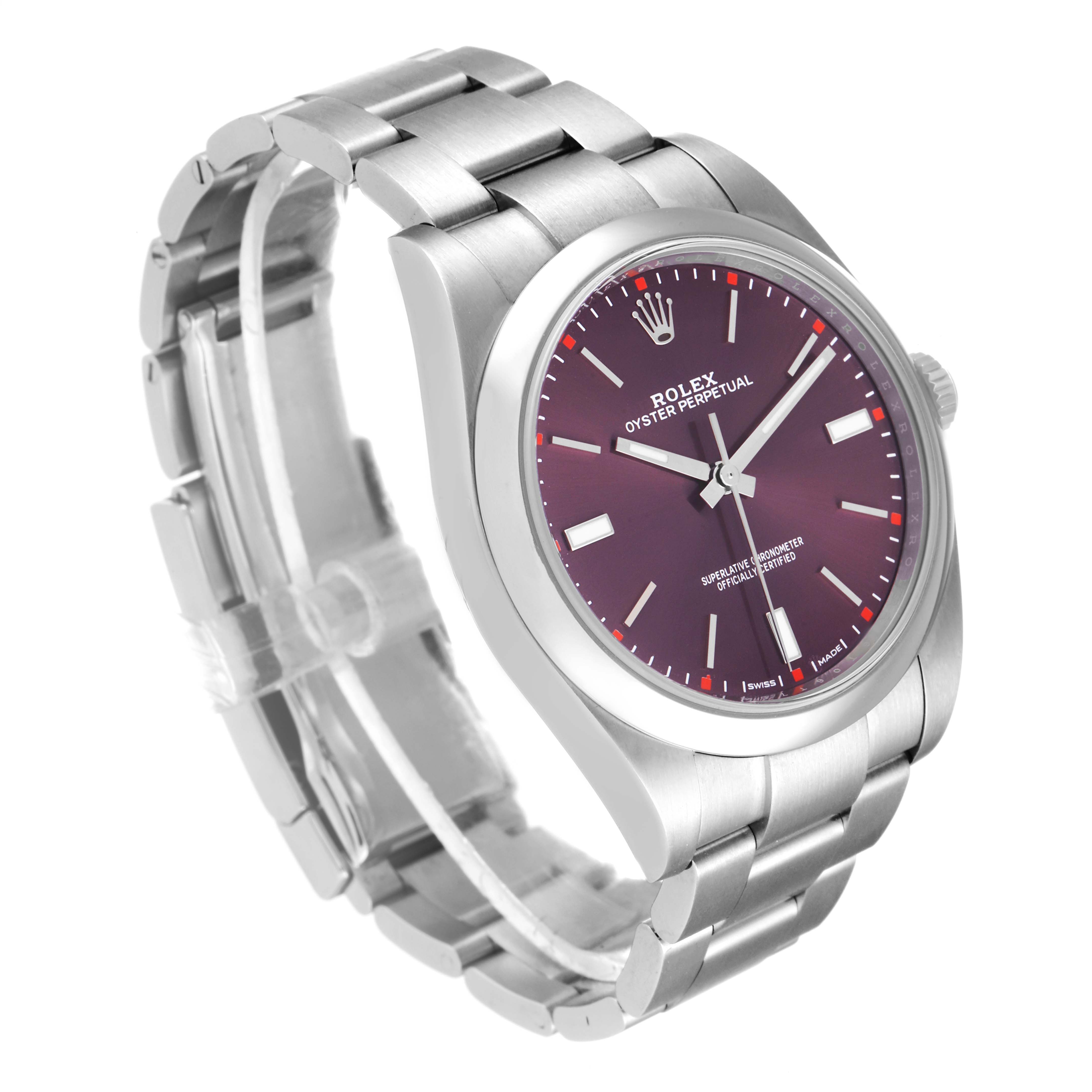 The image shows a Rolex Oyster Perpetual 114300 Men's Stainless Steel Burgundy Dial 114300 Men's Stainless Steel Burgundy Dial watch at a slight angle, displaying the face, bezel, and metal bracelet.