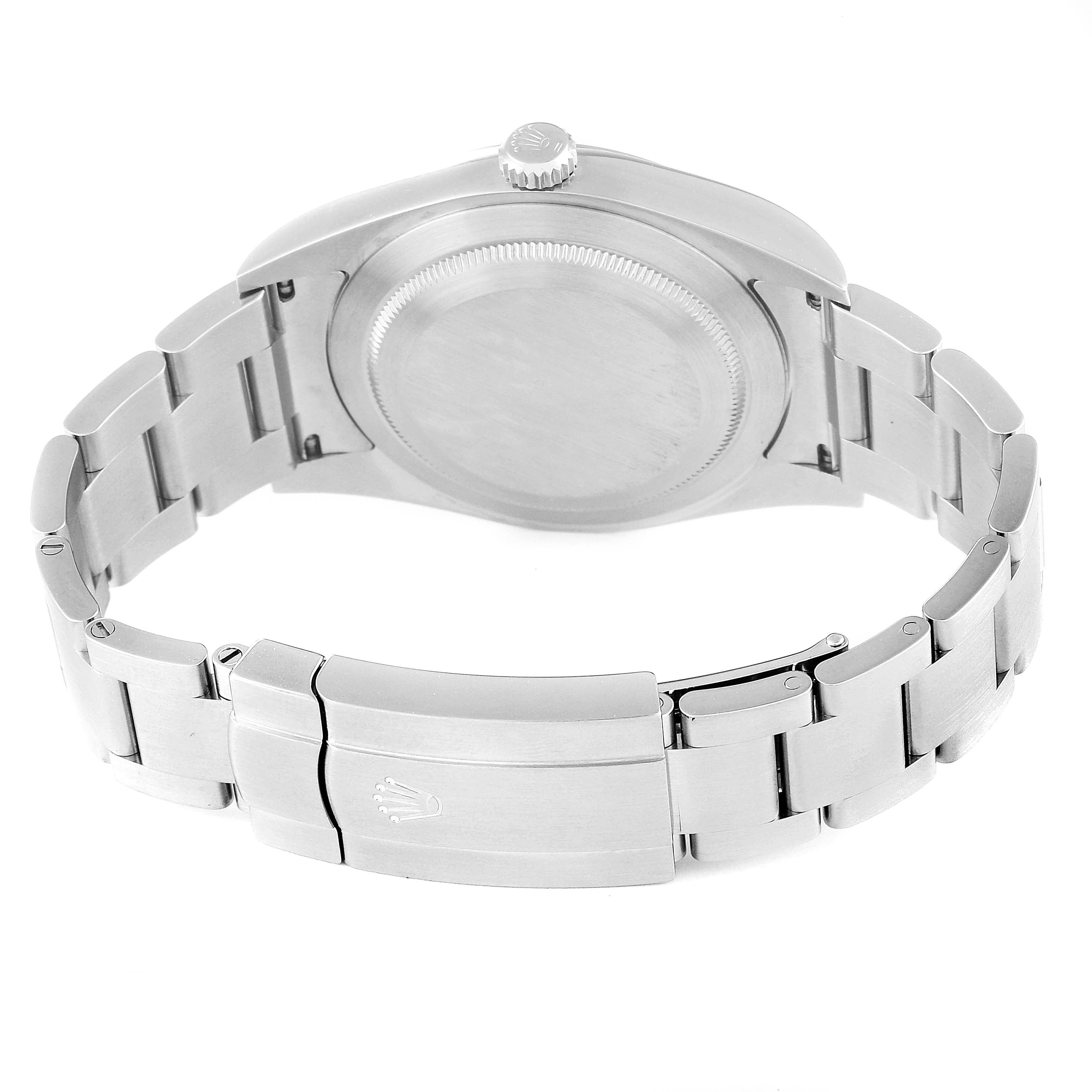 The image shows the back case and bracelet clasp of a Rolex Oyster Perpetual 114300 Men's Stainless Steel Burgundy Dial 114300 Men's Stainless Steel Burgundy Dial watch.