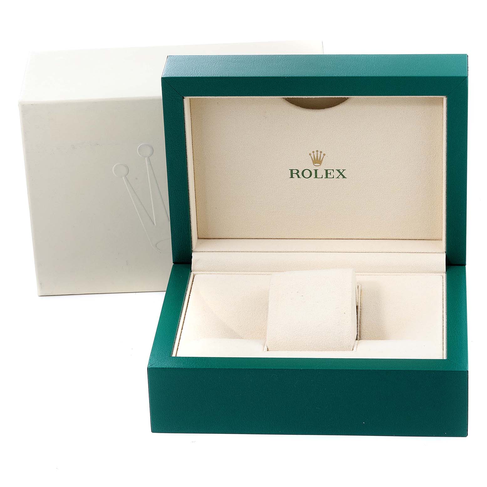 The image displays an open Rolex Oyster Perpetual 114300 Men's Stainless Steel Burgundy Dial 114300 Men's Stainless Steel Burgundy Dial watch box from a front angle, showcasing its interior and the outer packaging.