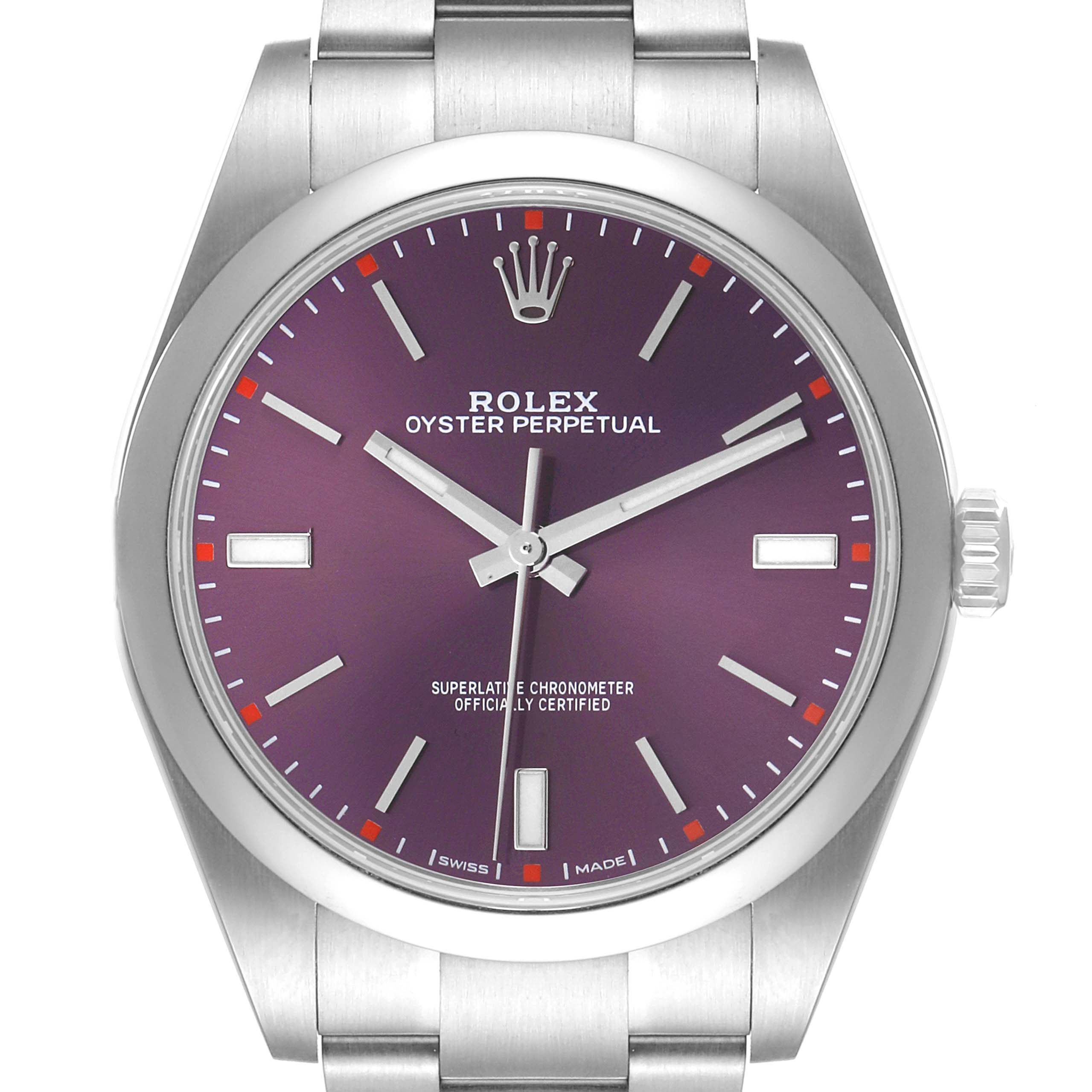 The image shows a frontal view of a Rolex Oyster Perpetual 114300 Men's Stainless Steel Burgundy Dial 114300 Men's Stainless Steel Burgundy Dial watch highlighting its purple dial, hands, and stainless steel bracelet.