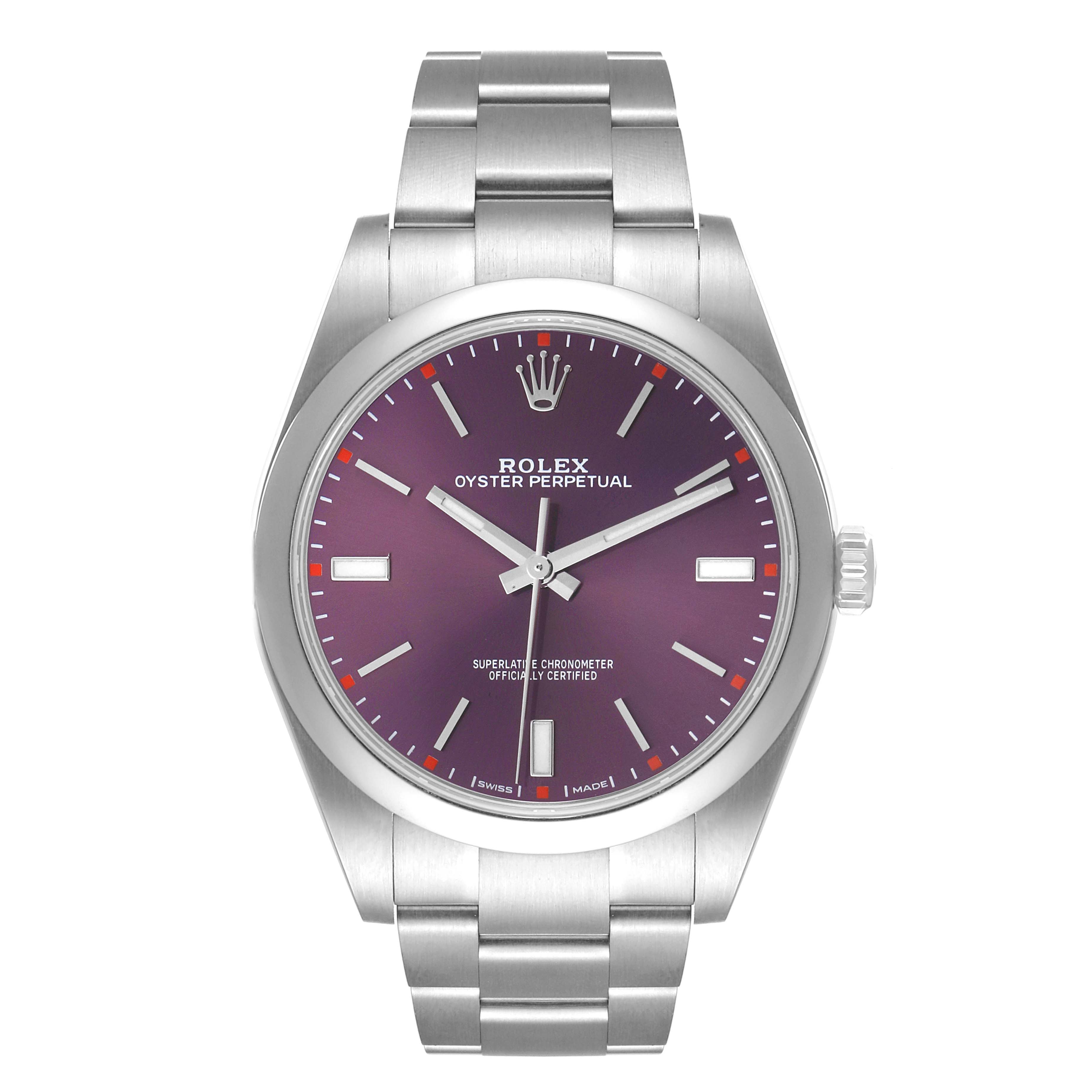 The image displays a front view of a Rolex Oyster Perpetual 114300 Men's Stainless Steel Burgundy Dial 114300 Men's Stainless Steel Burgundy Dial watch with a stainless steel bracelet and a purple dial.