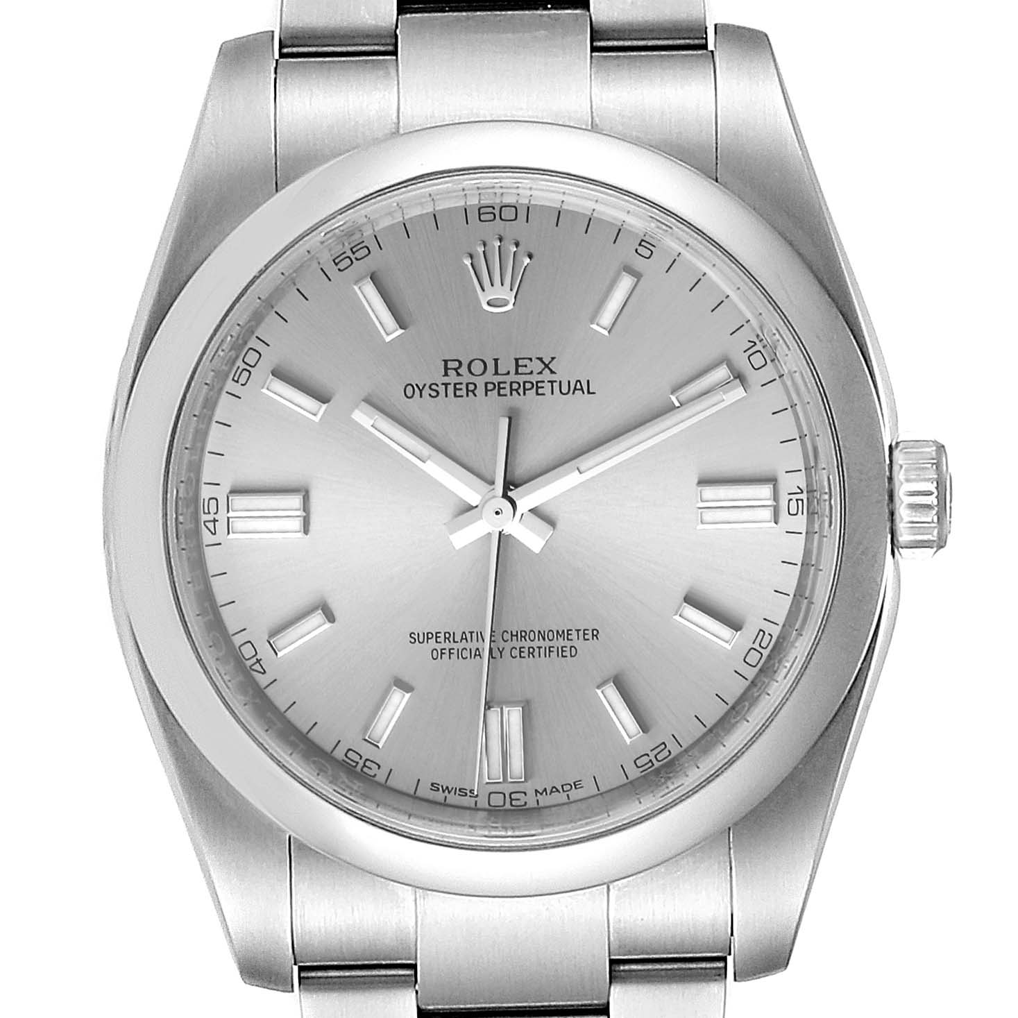 This image shows a front view of the dial and stainless steel bracelet of a Rolex Oyster Perpetual 116000 Men
s Stainless Steel Grey Dial 116000 Men
s Stainless Steel Grey Dial watch.